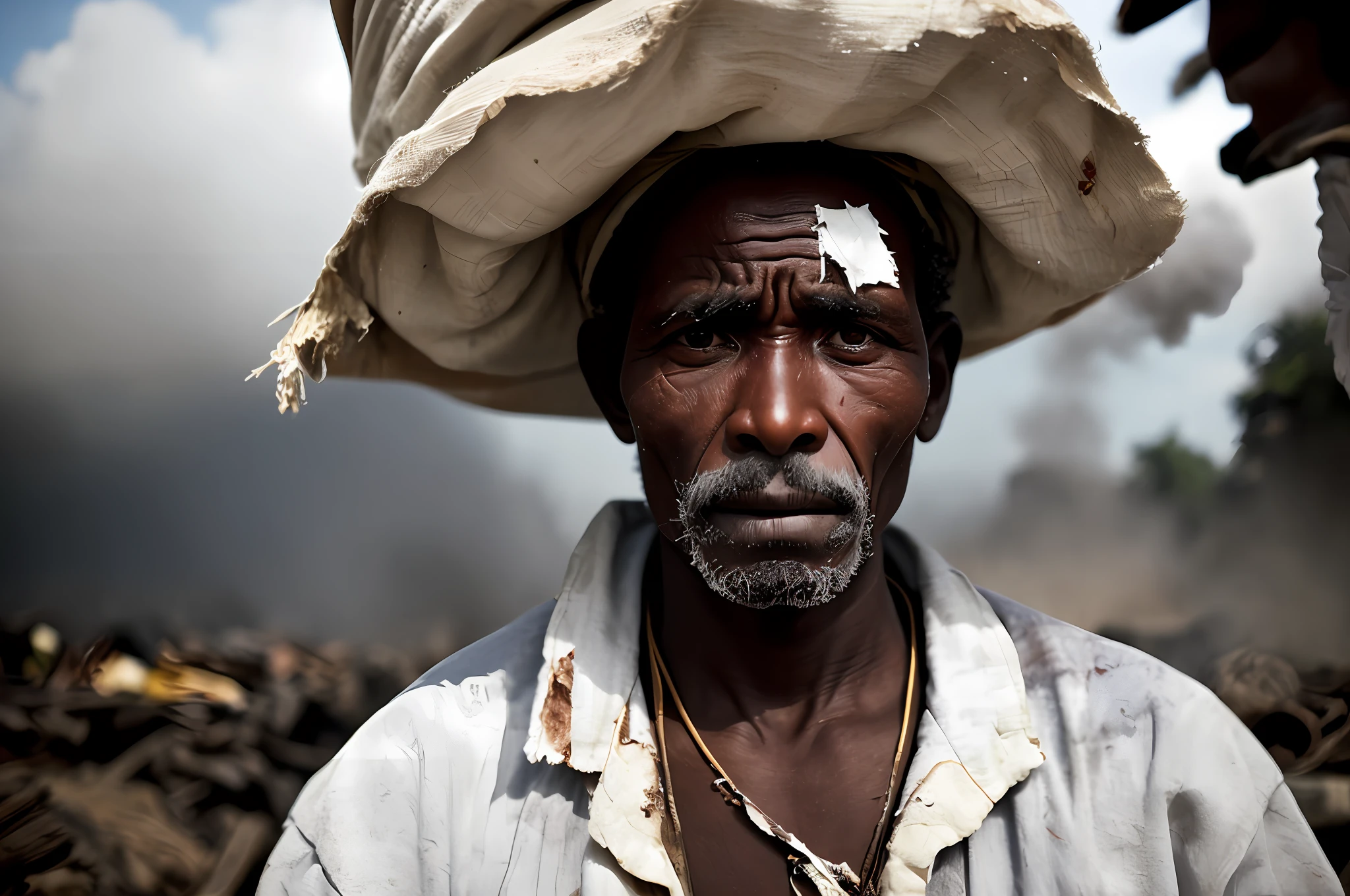 A portrait of the poor worker of the Africa region, wearing white old and torn cotton clothes((fadiga esmagadora)), rugas da idade, fumando cachimbo, arte conceitual, altamente detalhado. cinematic picture