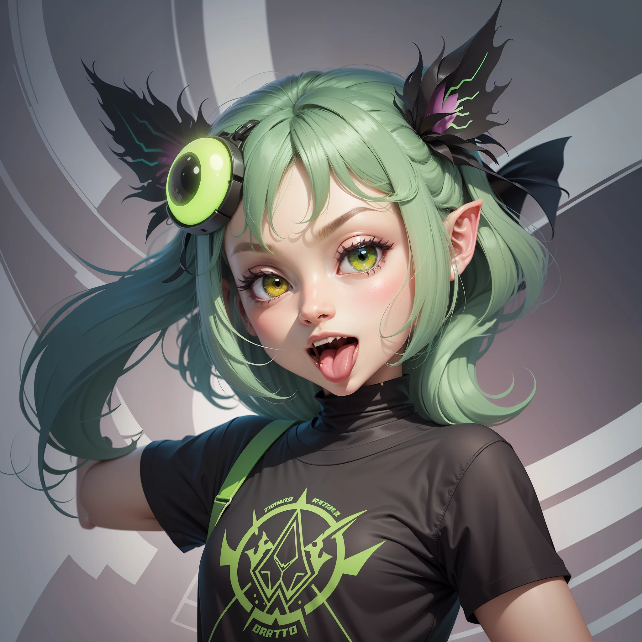 (((flat vector art))), (T-SHIRT DESIGN), colorful, ((ready to print)), (fantasy), (detailed), dark magic, fantasy art, Adobe Illustrator, a neon green-colored alien 👽, with a funny mocking expression on it’s face, sticking out a long multi-colored tongue 👅