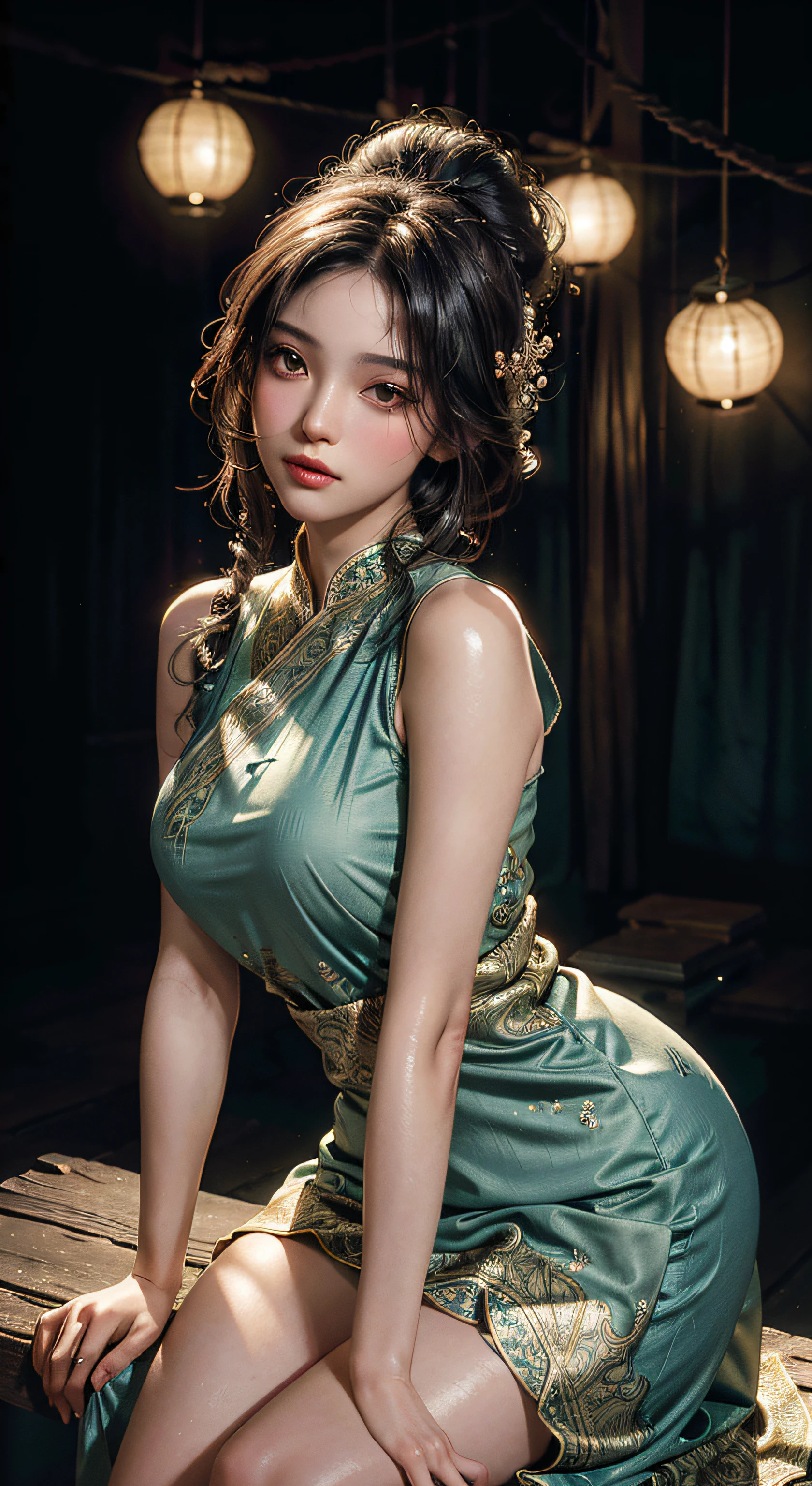 The art depicts a charming woman dressed in a flowing, silky traditional oriental dress in watery colors, decorated with intricate patterns and bright colors. Her dress drapes elegantly over her curvy figure, accentuating her seductive silhouette. She stood gracefully in the quiet moonlit night, bathed in the soft glow of the moonlight. The scene exudes an ethereal and dreamy atmosphere, with a touch of mystery and sexiness. The graphic style blends watercolor and digital illustration techniques to evoke a refined beauty and charm. The lights are filled with soft moonlight, casting soft highlights and shadows on her charming features. Bare thighs, big breasts, three-dimensional facial features, sitting, upturned legs