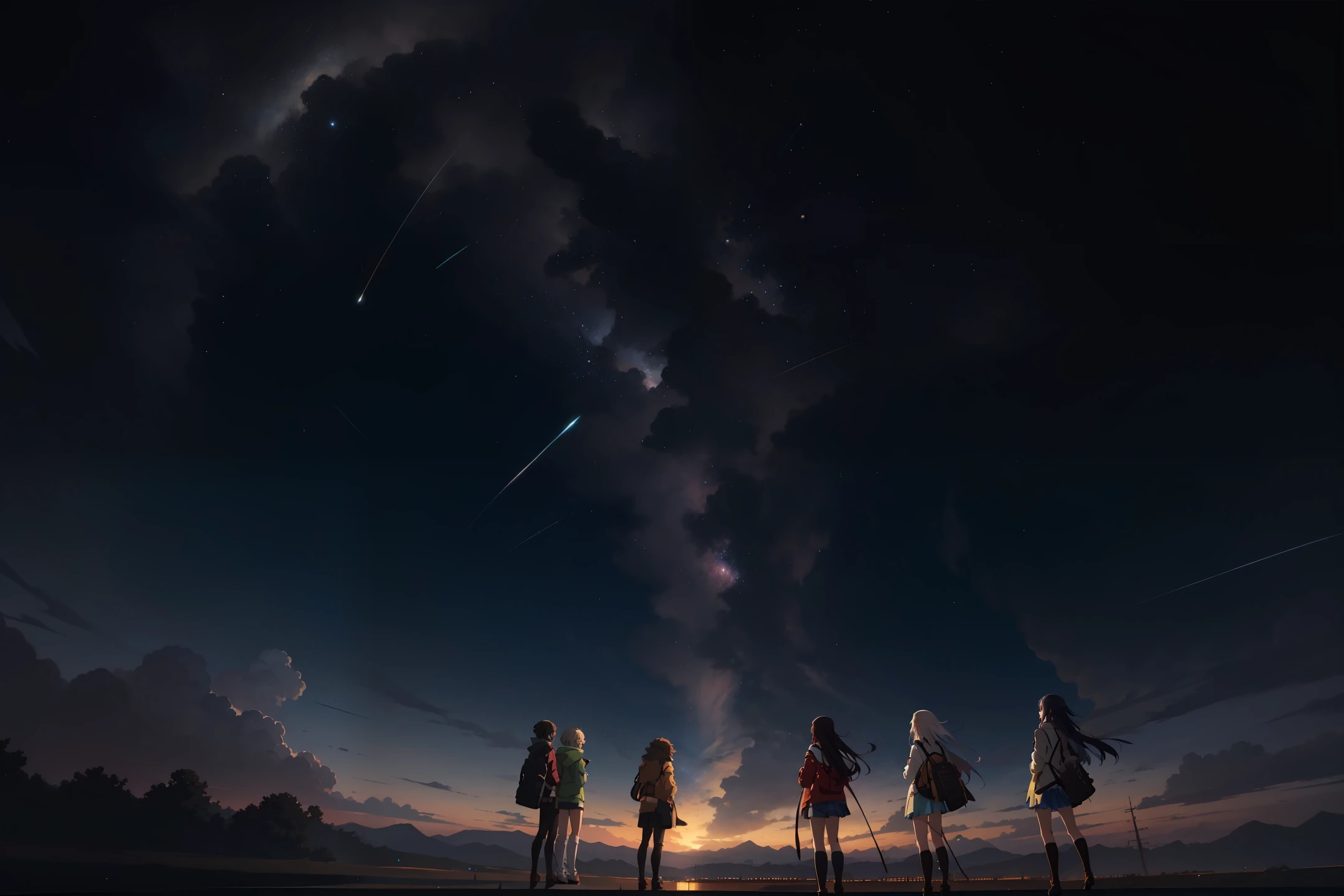 anime scene of a group of people standing in front of a starr sky, anime art wallpaper 4k, anime art wallpaper 4 k, anime art wallpaper 8 k, 4k highly detailed digital art, 4k anime wallpaper, anime wallpaper 4 k, anime wallpaper 4k, beautiful art uhd 4 k, starry sky 8 k, makoto shinkai cyril rolando