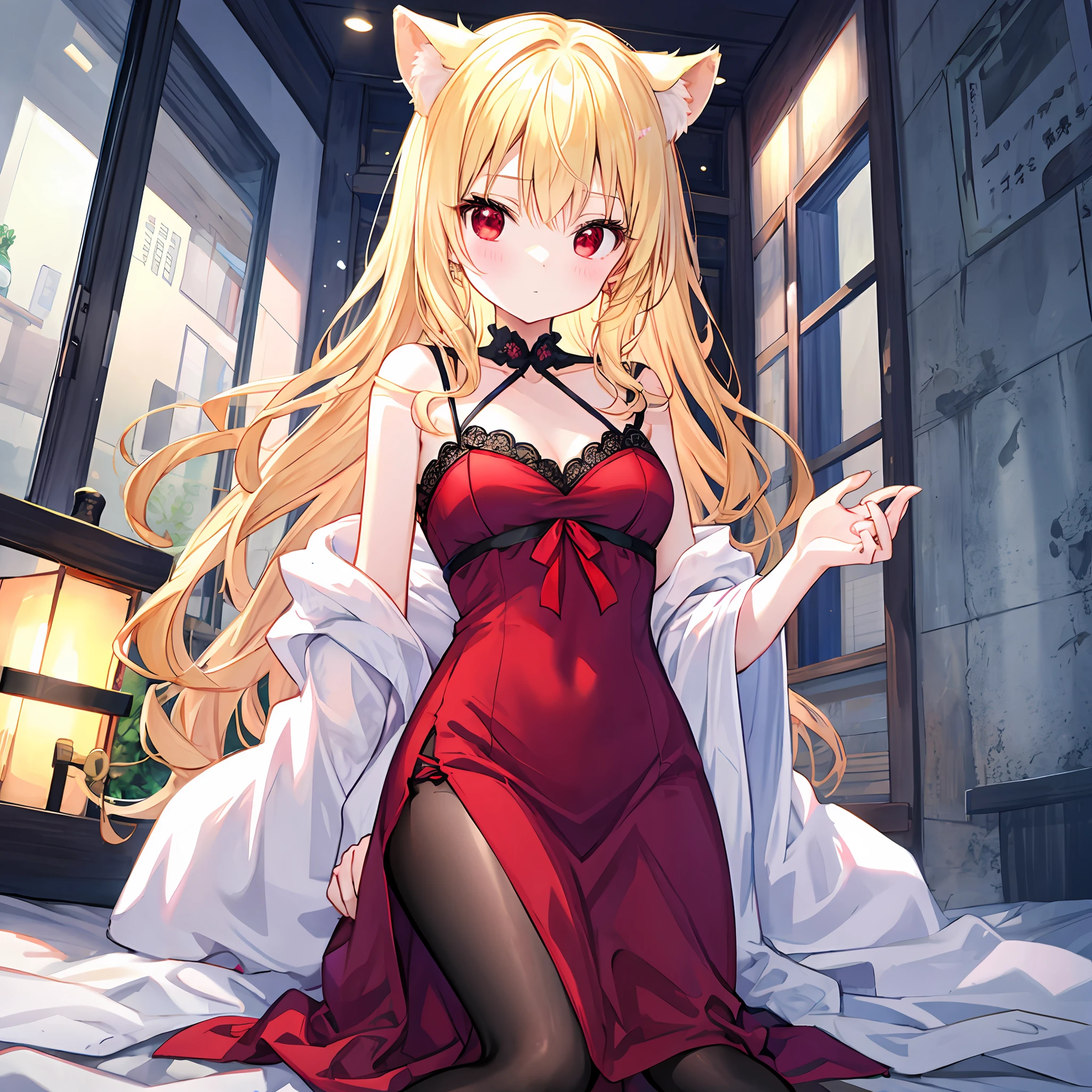 hair wavy、a blonde girl、独奏、red eyes、negligee、soio、lonely