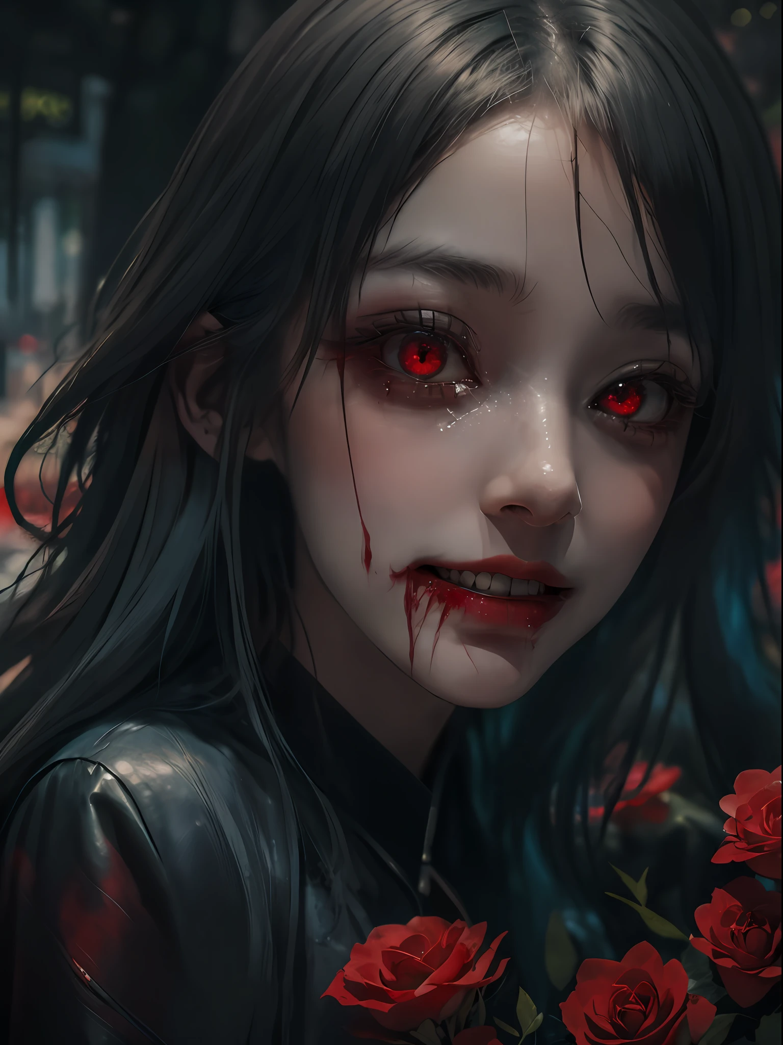 (reminiscent, captivating, and dreamy atmosphere),(malicious gaze with red eyes, porcelain skin, a mischievous smile), their decomposing face with exposed teeth, Crying blood, Red Flowers