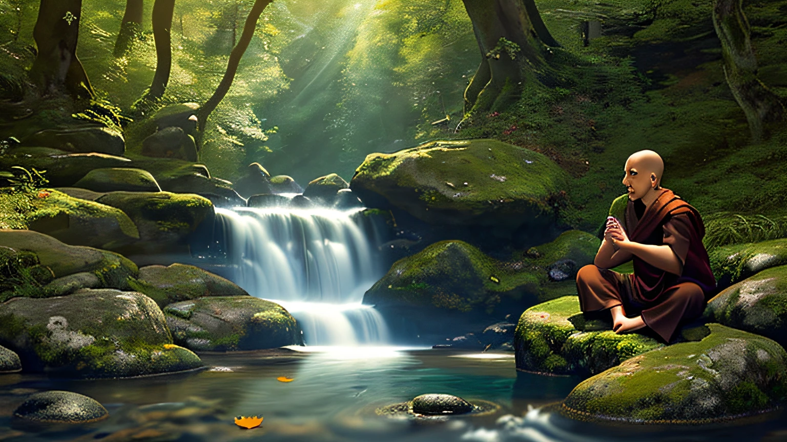 Handsome Old Monk, Meditating sitting, on the bank of a river full of rocks, watching a lone brown leaf floating in the water against the current of the river, the sun's rays are reflected in the water, creating a mesmerizing and graceful dance around the leaf, the surrounding environment is a lush forest, with tall and dense trees covered with moss, ultra realistic photo, monk centered in the photo, brown leaf below the monk in the photo and the brown leaf floating in the water towards the monk, perfect details of the monk's face and perfect detail of the brown leaf floating on water, good skin texture, perfect shadows and light, award winning shot, photography style.