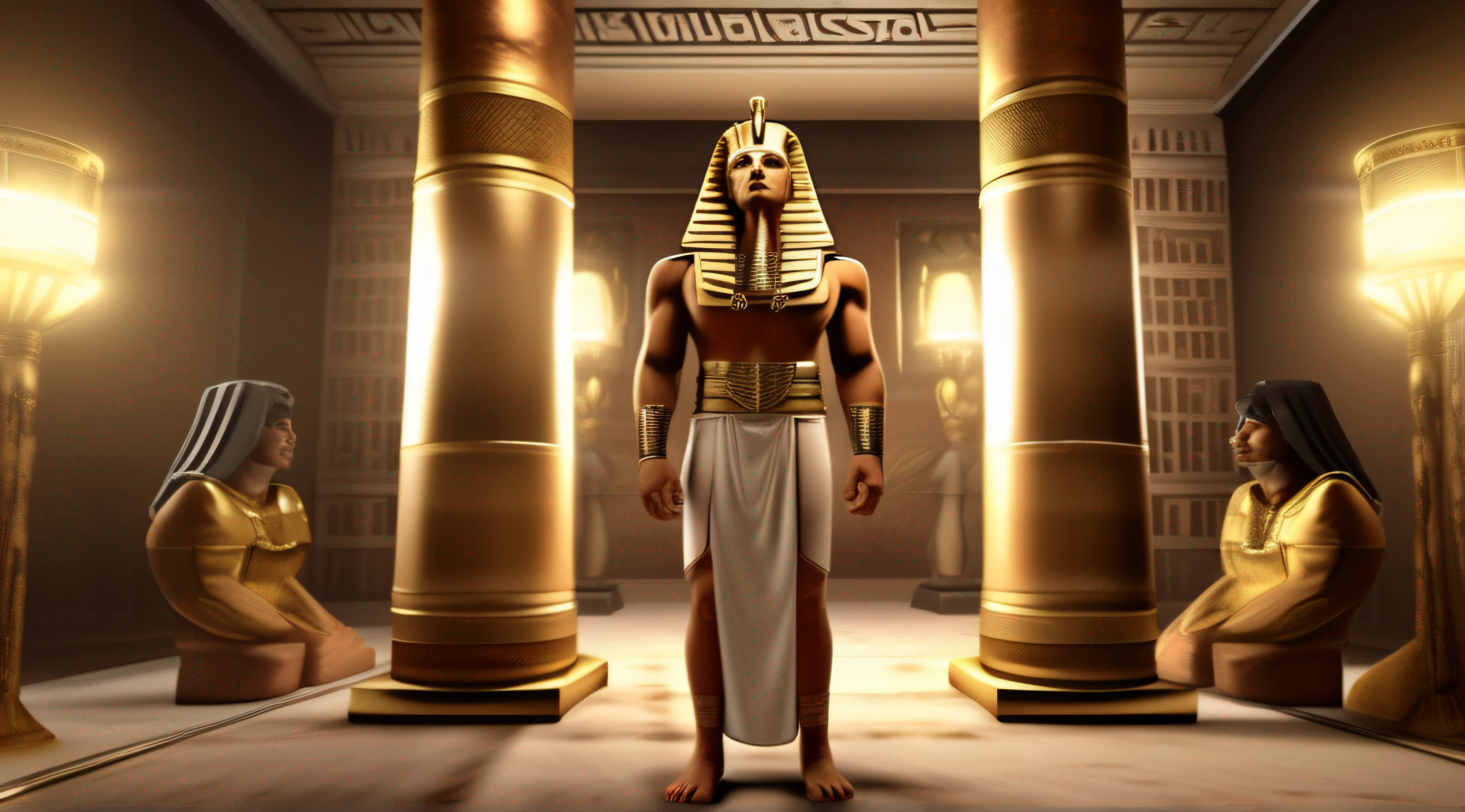 ((lifelike lighting, Melhor qualidade, 8K,Visualize a striking historical scene in which a powerful Egyptian pharaoh, com sua coroa dourada e trajes majestosos, stands before a humble Hebrew. Pharaoh, sentado em seu trono ornamentado, expresses authority and command while giving orders to the Hebrew who is standing in front of him. Pharaoh's expression is dominant, His features demonstrate determination and power. Ele aponta para um objeto ou uma tarefa, enfatizando sua ordem. The surrounding environment is grand, com colunas adornadas, Egyptian hieroglyphics and symbols engraved on the walls, Showing the opulence of the Royal Palace. Por outro lado, o hebreu mostra respeito, but it also carries an expression of concern or apprehension. His simple and humble garments contrast with the grandeur of the pharaoh, reflecting the difference in social position between the two