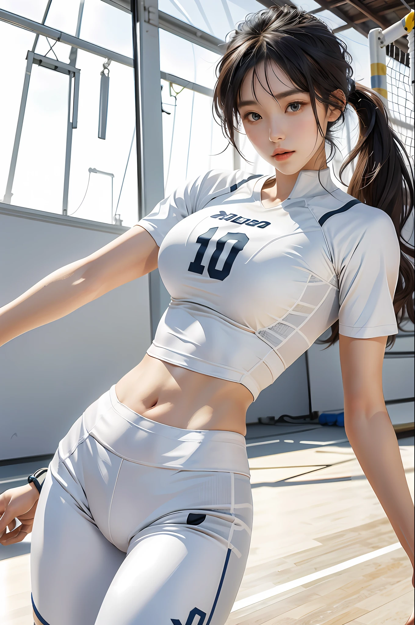 tmasterpiece:1.2,best qualtiy),realisticlying,(Real pictures,Complicated details,depth of fields),Play volleyball(1girll,独奏),with fair skin,Delicate,IU,lips parted,highly details,s the perfect face,( Big breasts Thin waist, horse tailed, (Girl playing volleyball, white volleyball suit,shorter pants)