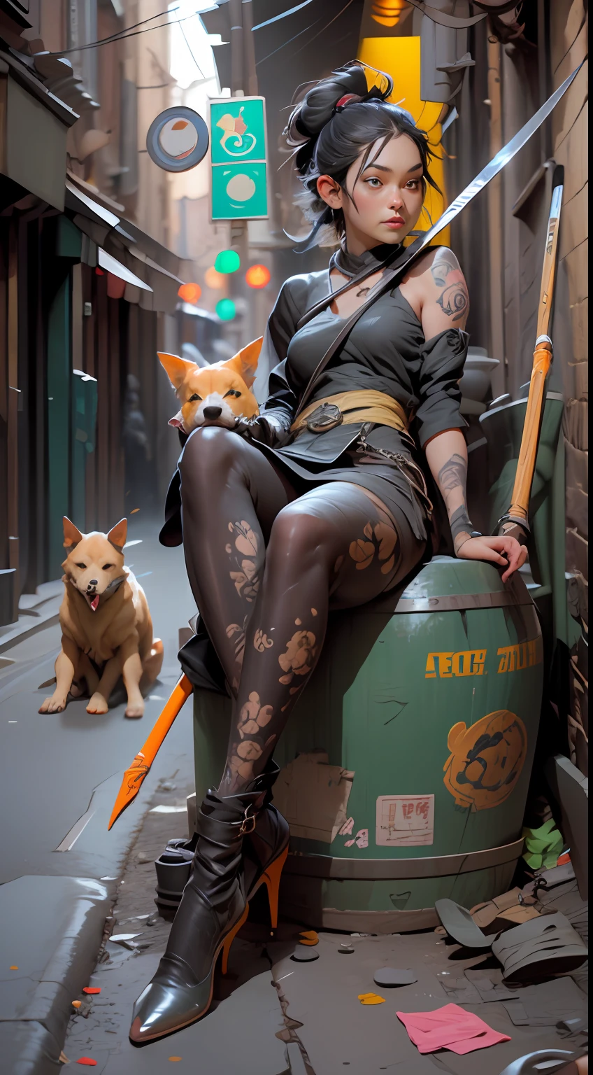 A beautiful and young girl with beautiful legs, siting on a oil barrel, very delicate face, tattoo on legs, with very dirty and torn clothes , around a scythe, with a beautiful dog, in an alley with a lot of mess around, beside a dirty yellow robot leaking oil.
