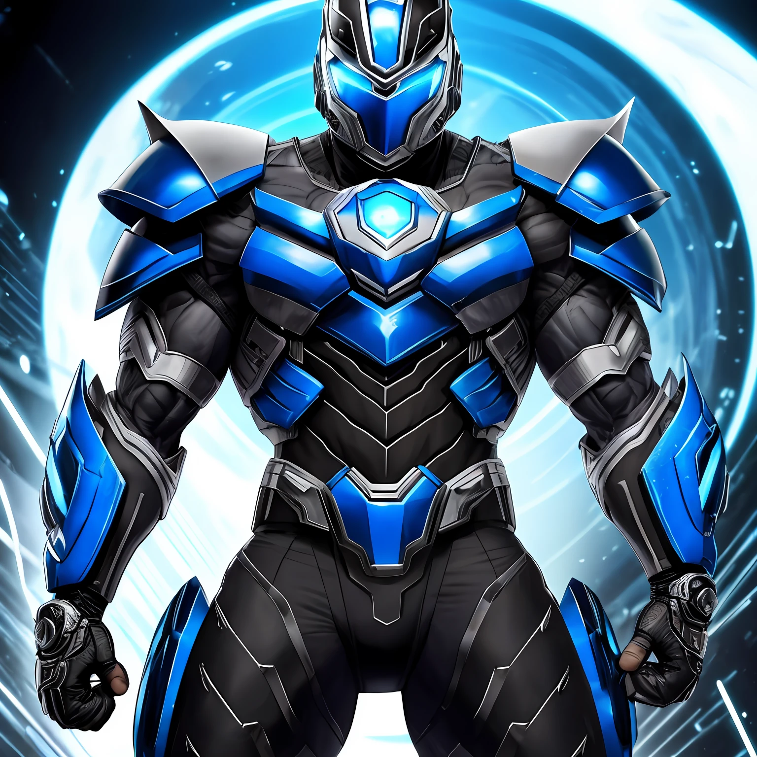 Muscular man dressed in cybernetic armor, tecnologia, armadura azul com preto, homem branco, olhos castanhos, vingadores, armadura que voa, homem de 30 anos, musculoso, cientista determinado, malvado, armadura com armas. --auto