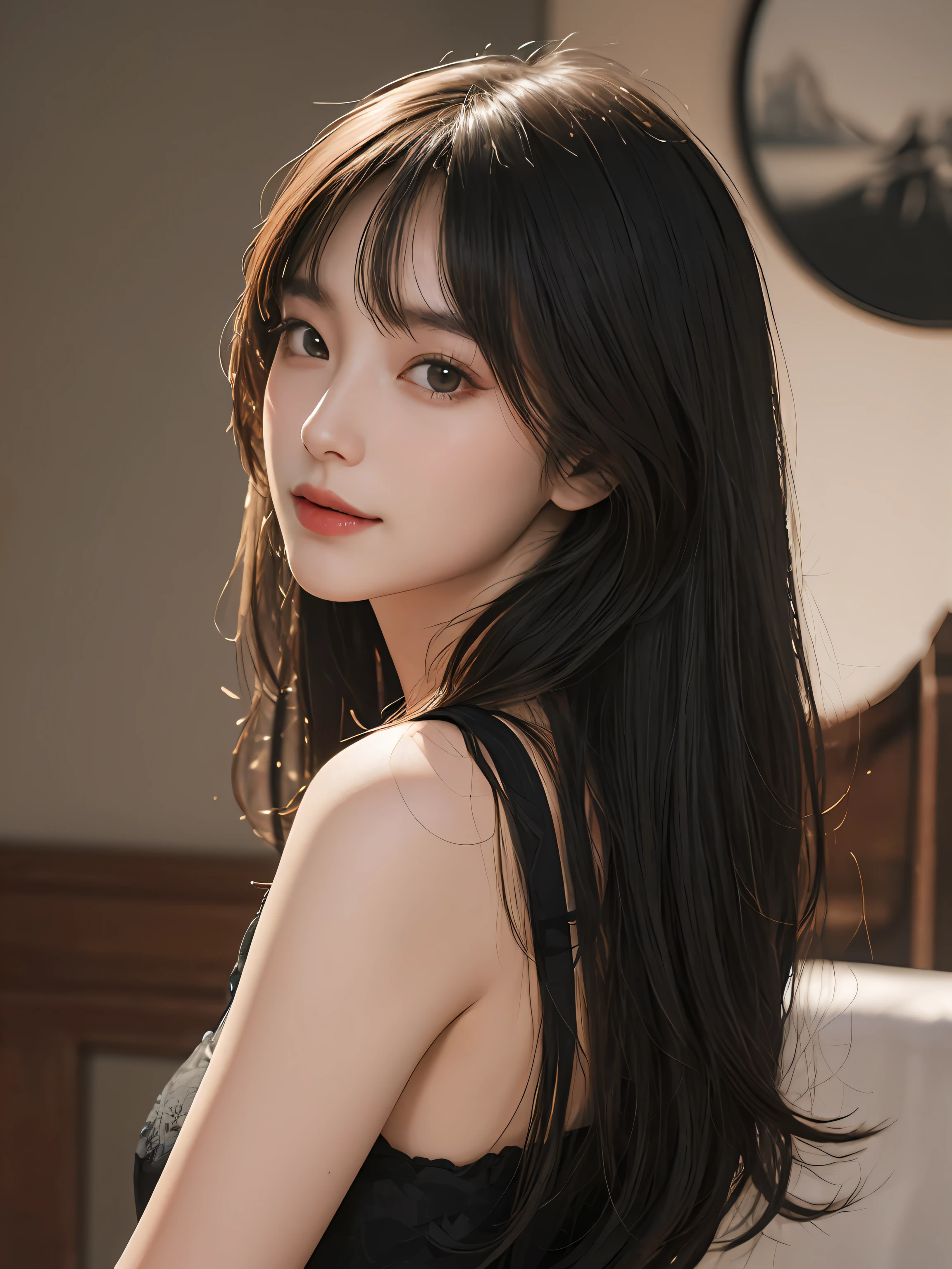 Masterpiece, best picture quality, high quality, beautiful woman, Japanese, popular Korean makeup, detailed, swollen eyes, detailed eyes, detailed skin, beautiful skin, ultra high resolution, (reality: 1.4),very beautiful, slightly younger face, beautiful skin, slender, (ultra realistic), (illustration), (high resolution), (8K), (very detailed) (best illustration), (beautifully detailed eyes), (super detailed), (wallpaper), (detailed face), looking at viewer, fine details, detailed face, pureerosfaceace_v1, smiling, looking straight ahead, looking straight ahead, angle from waist up, realistic photo, bright lighting, professional lighting, black hair (some of hair part green), long hair, dark ruins, big red moon, gorgeous red and black dress, mature woman, long stylish bangs,