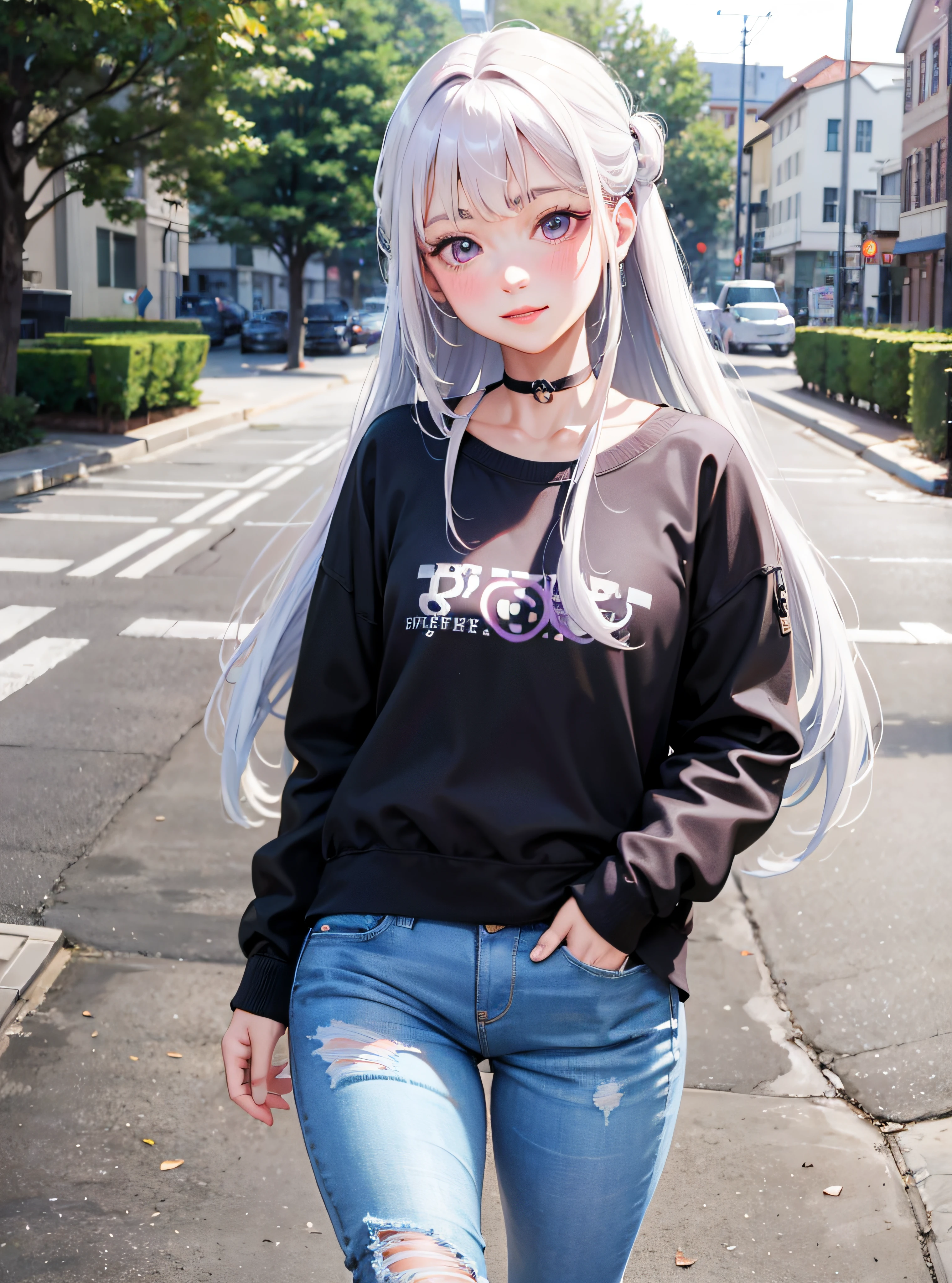 purple eyes, clothed female  , mature female, white hair, streaked hair aqua,   very long hair, purple eyes, choker, walking on park, jeans, sneakers, sweatshirt,   blush, light smile, small ass, small breasts, wide hips, hand in pocket, 1girl, masterpiece, best quality, (highres), absurdres, 4K, 8K, 16K, beautiful face, beautiful body, symmetrical face, gorgeous, deep eyes, realistic shaded, stunning, intricate, hyper-detailed, highly detailed, sharp, smooth, sharp focus, realistic, anime, manga, ((ringed eyes)),