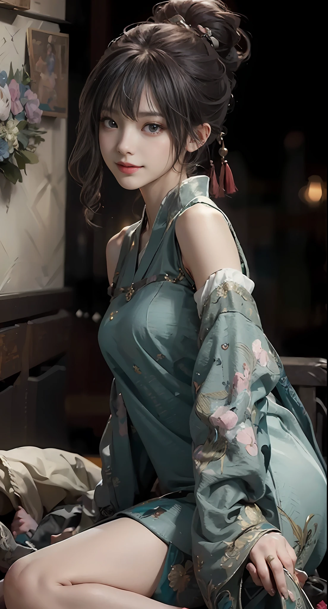 ((Best picture quality, 8K, tmasterpiece:1.3)), 1girll, Beautiful woman with slender abs:1.3, (Casual hairstyle:1.2),intricate detailed clothes , Fine fine skin，Ultra-fine face, A detailed eye, 二重まぶた，is shy，dynamicposes，ssmile，Hanfu，Slip dress，High detail official artwork，detailed anime art，portrait of a female anime hero，