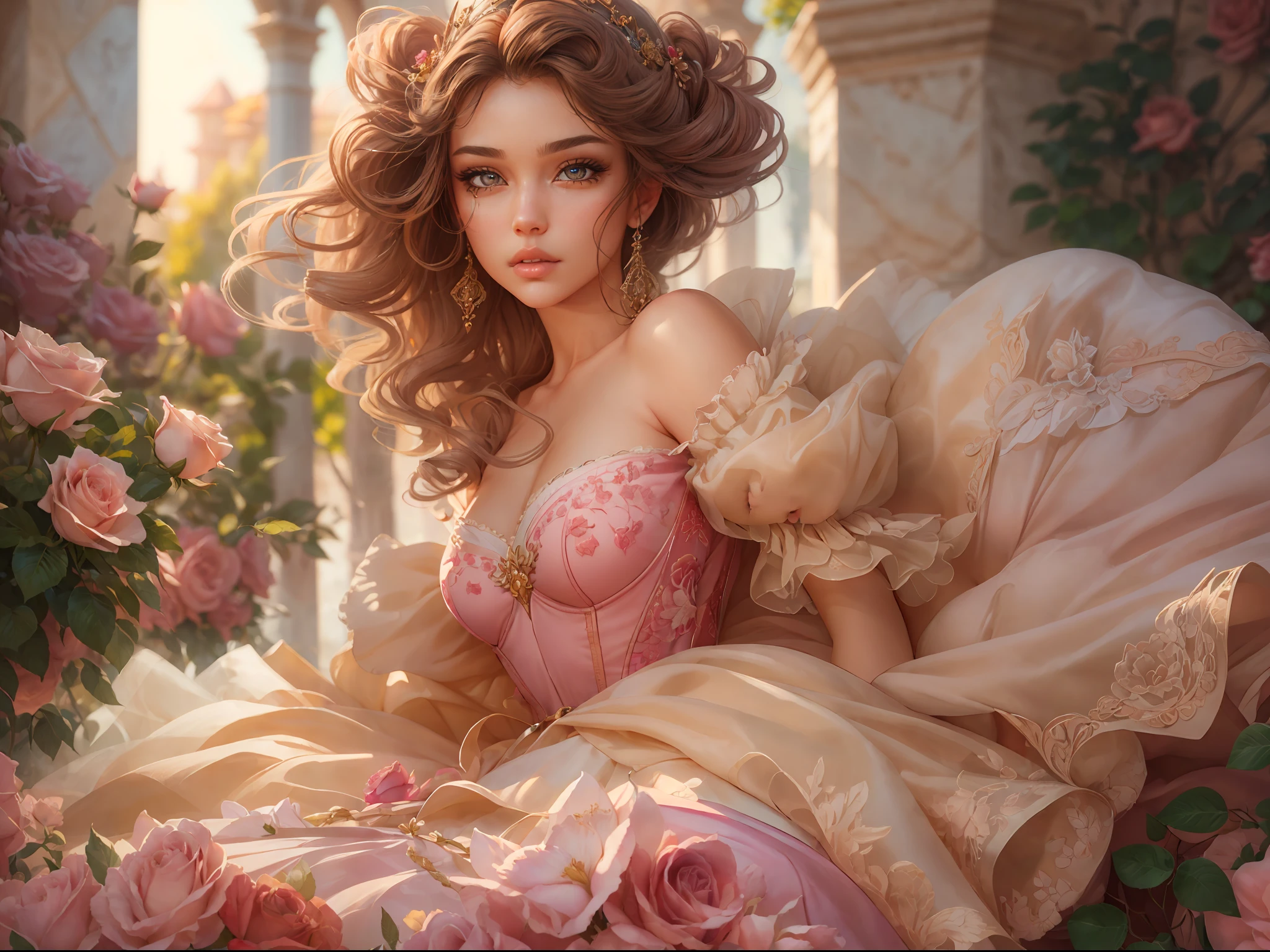 This artwork is in the style of realistic fantasy set in the castle's rose garden. Generate a woman with a beautiful detailed face dressed in the billowing folds of a stunning yellow French silk ballgown. The gown features ruffles, sashes, and bows, and its bodice is delicately but intricately hand-embroidered. The woman's sweet face is ((((highly detailed, with realistic features and soft, puffy lips.)))) Her stunning eyes are beautifully detailed, featuring realistic shading and multiple colors. She is touching a timeless rose just as beautiful today as it was the day it first bloomed thousands of years in the past. The eternal rose is a deep shade of red with shimmering pink overtones and undertones. Ensure that the woman's face, hair, and eyes are perfect. realism, high fantasy, whimsical fantasy, storybook fantasy, fairytale fantasy, fantasy details, enchanting, bewitching, 8k, hires, cgi, digital painting, unity, unreal engine,  (((masterpiece))), intricate, elegant, highly detailed, majestic, digital photography, art by artgerm and ruan jia and greg rutkowski, (masterpiece, finely detailed beautiful eyes: 1.2), hdr, realistic skin texture, (((1woman))), (((solo))), Include a highly detailed face, extremely detailed face, and interesting background.