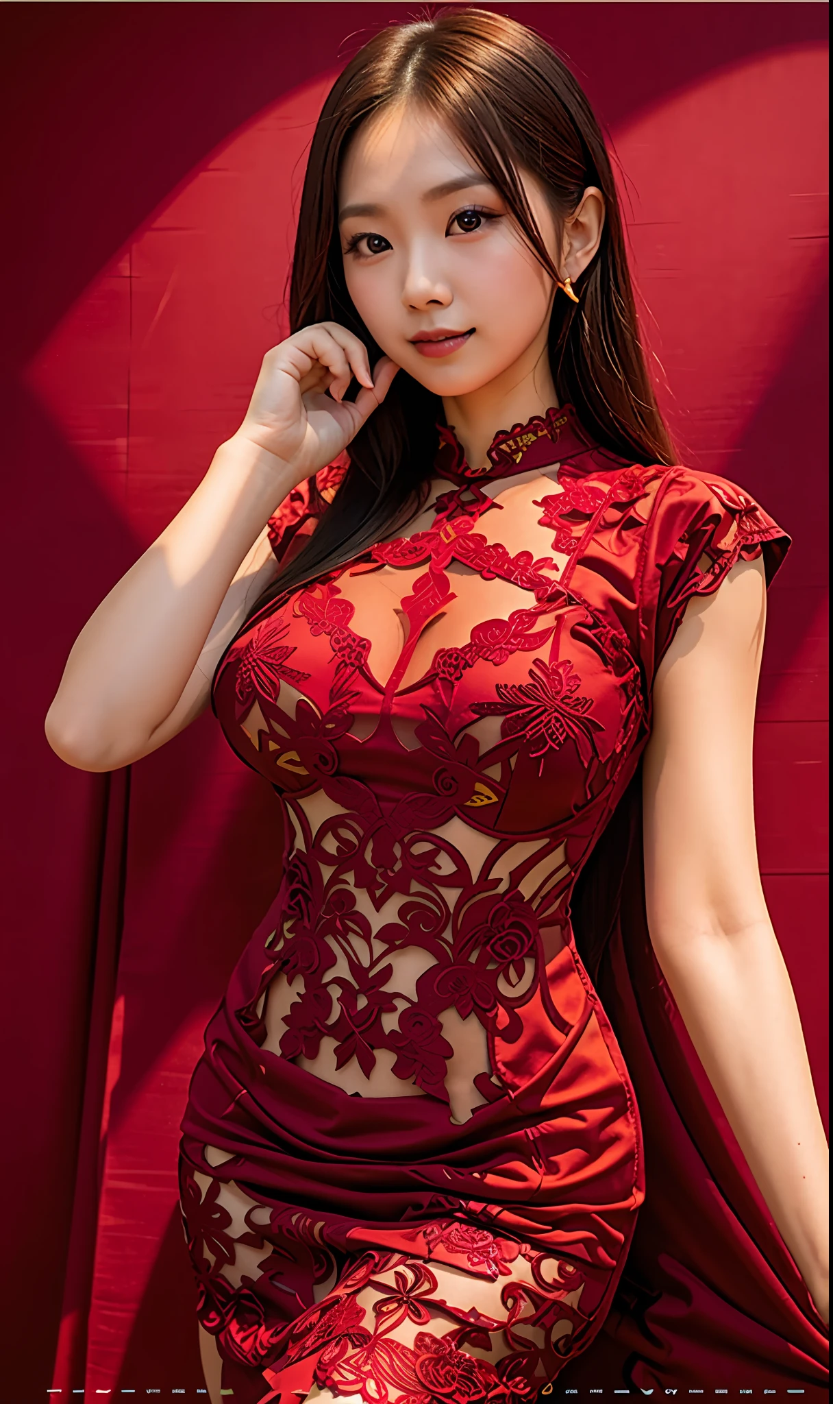 a woman in a red dress posing for a picture, Wearing a red cheongsam, Cheongsam, sexy gown, Sexy dress, Red lace, sexy red dress, Chinese dress, gorgeous chinese models, Red dress, red hot, elegant red color dress, see through dresses, full-body xianxia, Chinese style, Chinese girl, in a red dress, red leotard
