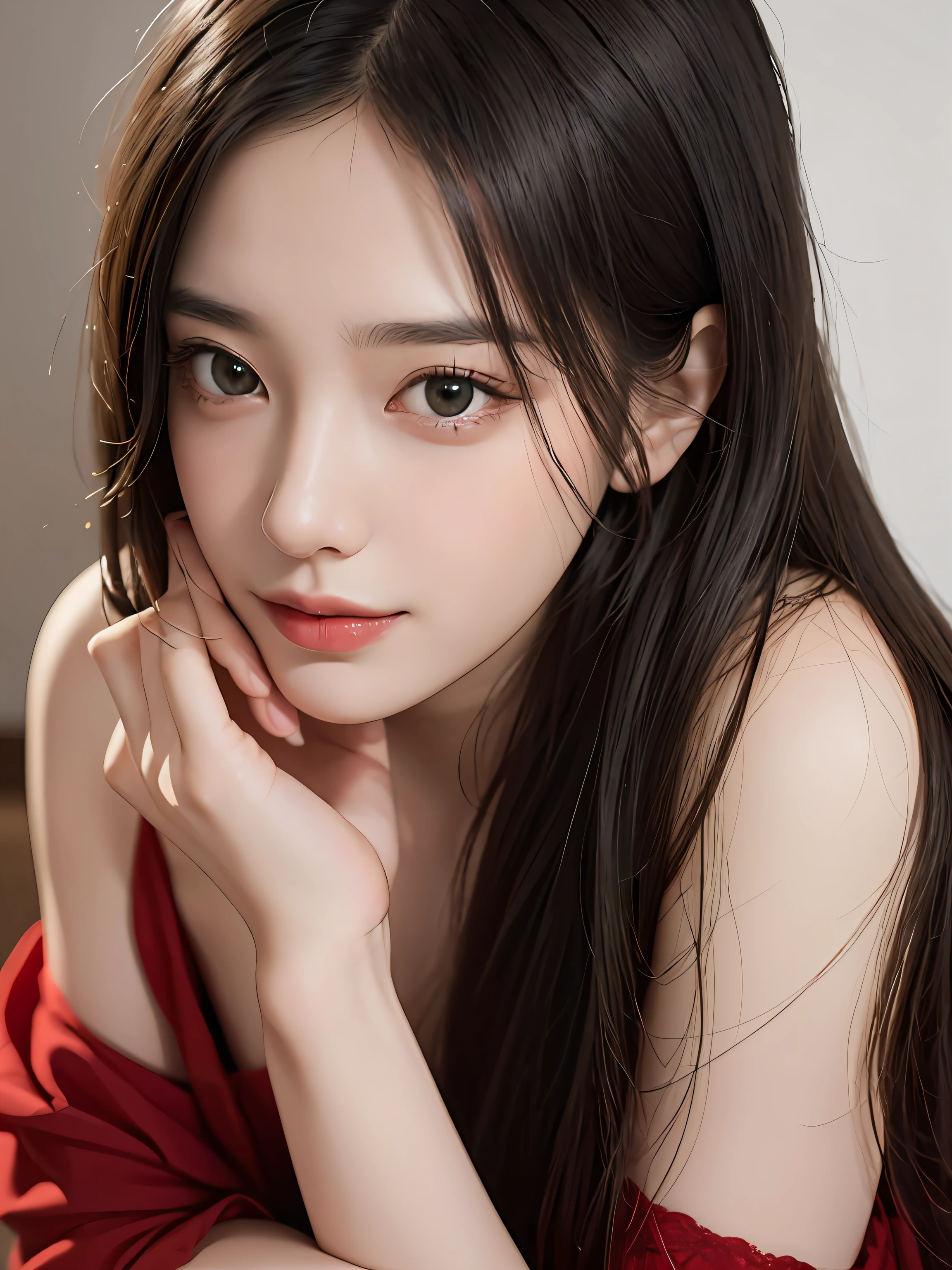 Masterpiece, best picture quality, high quality, beautiful girl full body, Japan 20 years old, Korean popular makeup, detail, swollen eyes, detailed eyes, detailed skin, beautiful skin, ultra high resolution, (actually: 1.4), very beautiful, slightly younger face, beautiful skin, slim, (surreal), (illustration), (illustration), (very detailed detailed), (very fine detailed), (8K) (background image), (detailed face), look at viewer, fine detail, finely detailed beautiful face, pureerosfaceace_v1 , smiling, looking straight, looking straight ahead, bottom view, photo realistic, afterglow, professional lighting, black hair (some parts of hair green), long hair, dark ruins, gorgeous mature red moon and woman, red dress, red dress