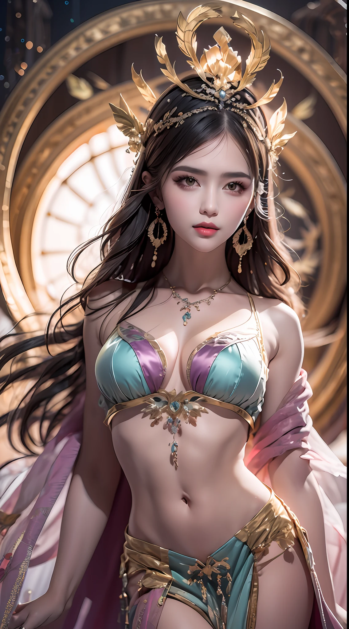 1 20 year old girl, 1 goddess Athena, pink purple silk dress, beautiful goddess Athena face without blemishes, delicate yellow nightgown, long thin sequin nightgown with many sexy black lace details, female saint legend, female saint icon, beautiful goddess style glitter, dark and mysterious version, small proportioned goddess crown, vermilion lips, delicate and beautiful pino detailing, delicate and beautiful lip detail, , (pure and flawless face: 1.9), female saint body, round chest, big and round breasts, phoenix brooch, long flat bangs, (7-color rainbow hair: 1.9), beautiful clear face and well-proportioned eyes, (transparent yellow eyes: 1.8), (big round eyes and makeup, very beautiful and meticulous hair makeup, long and delicate blonde hair, delicate, body image: 1.8), figure: and vivid, (stars that make up the sky: 1.7), (the sky of heaven and the fictitious gate of time and space: 1.8), fictional art, RAW photos, hanfu photos, best photos, high resolution, best quality, best photos, best goddess quality, 8k female, super 8 single saint portraits, truest color schemes, masterpieces, best beauty brands, best hair jewelry, brand real photo, dark studio, border light, two-tone lighting, (rose white skin: 1.4), (high skin detail: 1.1), 8k uhd, d slr, soft light, 8k, high quality, candid, volume Smooth and sharp, 10x pixel increase, sexy goddess, sexy goddess, (background space: 1.8), (most beautiful aurora eyes: 1.7), beautiful eyes, aurora beautiful and flowery, (beautiful single girl: 1.8), (single girl: 1.8),