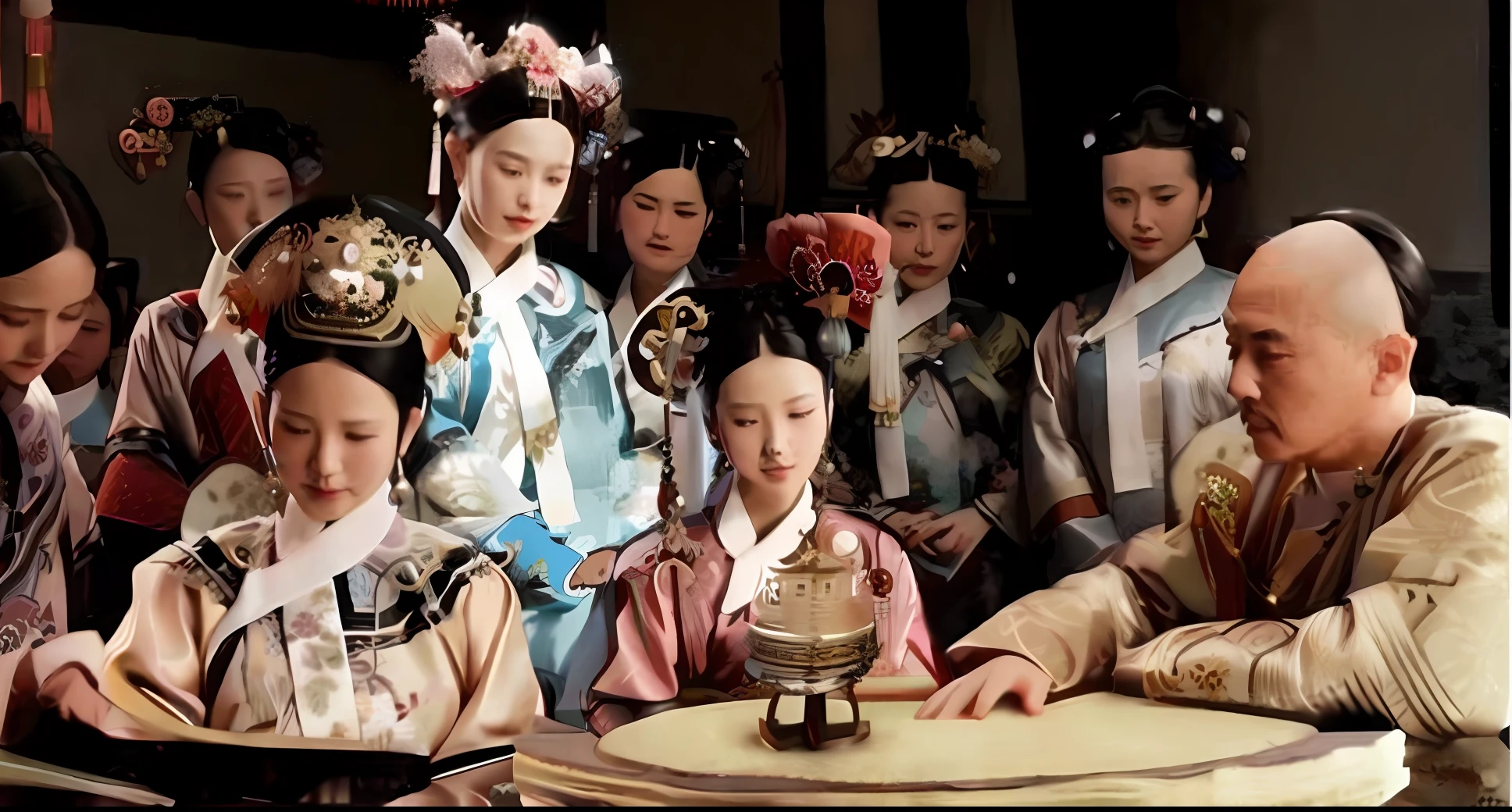 A group of people dressed in traditional Chinese costumes surround the drum, Wearing ancient Chinese clothes, Traditional Chinese clothing, Chinese traditional, ancient chinese beauti, wearing ornate silk clothes, Chinese tradition, Princesa chinesa antiga, Palace , A girl in Hanfu, Chinese costume, chinese empress, China Princess, Qing dynasty, with acient chinese clothes, Chinese fantasy --auto
