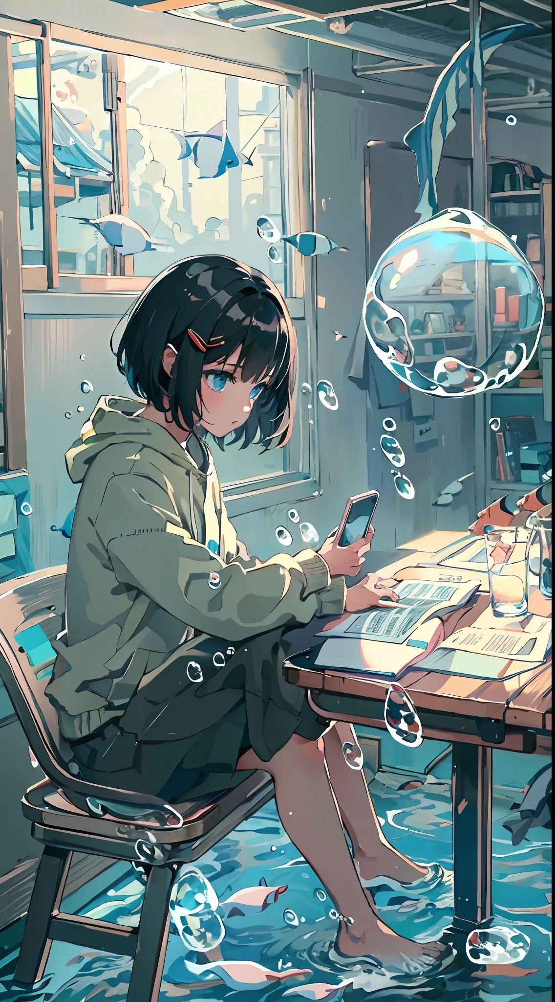 linear art, 
1girl in, Solo, Short hair, Black hair, Long sleeves, Sitting, Barefoot, Indoors, hoods, Bare legs, phone, The table, knees up, desk work, Fish, Bubble, under the water, Air bubble,
