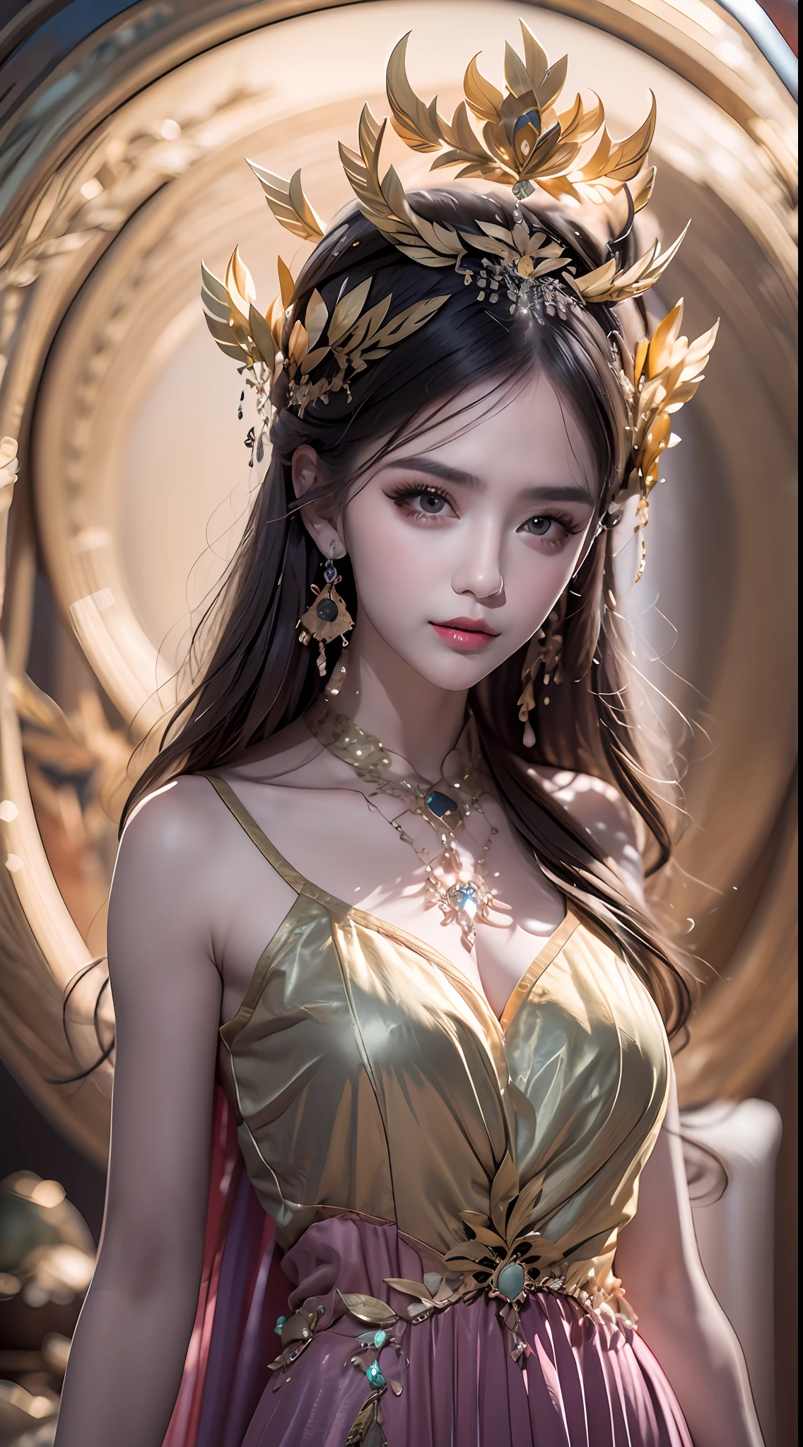 1 20 year old girl, 1 goddess Athena, pink purple silk dress, beautiful goddess Athena face without blemishes, delicate yellow nightgown, long thin sequin nightgown with many sexy black lace details, female saint legend, female saint icon, beautiful goddess style glitter, dark and mysterious version, small proportioned goddess crown, vermilion lips, delicate and beautiful pino detailing, delicate and beautiful lip detail, , (pure and flawless face: 1.9), female saint body, round chest, big and round breasts, phoenix brooch, long flat bangs, (7-color rainbow hair: 1.9), beautiful clear face and well-proportioned eyes, (transparent yellow eyes: 1.8), (big round eyes and makeup, very beautiful and meticulous hair makeup, long and delicate blonde hair, delicate, body image: 1.8), figure: and vivid, (stars that make up the sky: 1.7), (the sky of heaven and the fictitious gate of time and space: 1.8), fictional art, RAW photos, hanfu photos, best photos, high resolution, best quality, best photos, best goddess quality, 8k female, super 8 single saint portraits, truest color schemes, masterpieces, best beauty brands, best hair jewelry, brand real photo, dark studio, border light, two-tone lighting, (rose white skin: 1.4), (high skin detail: 1.1), 8k uhd, d slr, soft light, 8k, high quality, candid, volume Smooth and sharp, 10x pixel increase, sexy goddess, sexy goddess, (background space: 1.8), (most beautiful aurora eyes: 1.7), beautiful eyes, aurora beautiful and flowery, (beautiful single girl: 1.8), (single girl: 1.8),