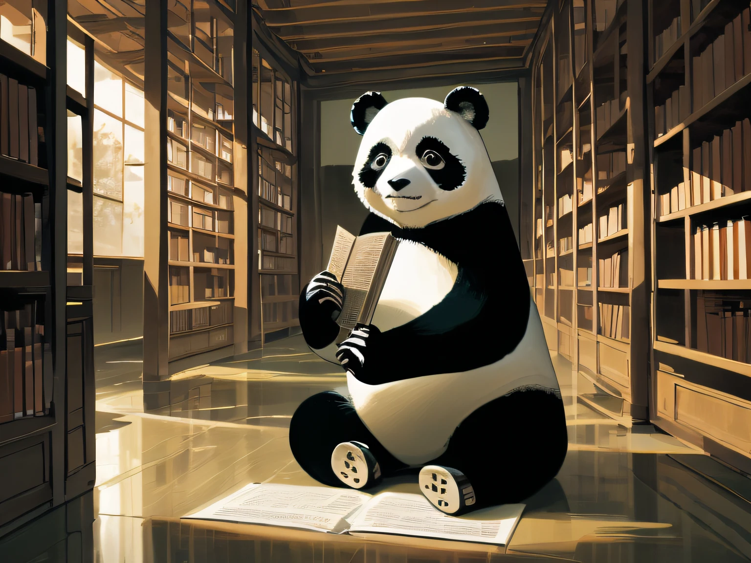 ancient panda, classical chinese library, peaceful place