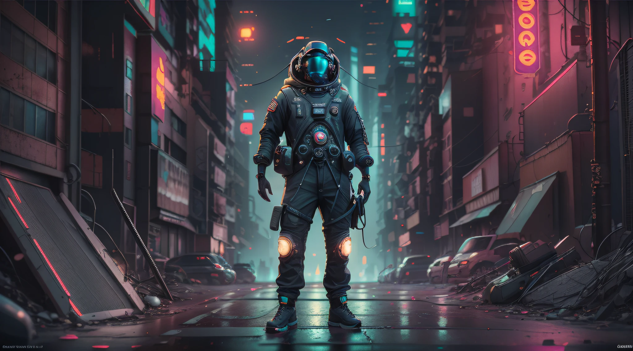 (masterpiece, full body shot, intricate raw photography) Cyberpunk citizen, comfortable oversize black hoodie, black cargo pants, black clothes, dark, wearing a black helmet hitech style Astronaut, intricate, futuristic, advanced technology, dark environment, dramatic, light and shadow, cinematic, action movie, sharpness, random relaxed position, Cyberpunk City, street lights, dark street, night, Insta photo, photo of the year, octane render, substance, Maya 3D, cinema4D, ArtStation Trending, Devian Art Trend,