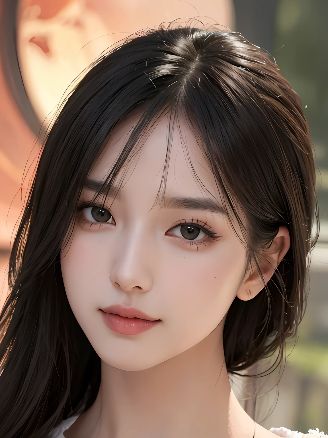 Masterpiece, best picture quality, high quality, beautiful woman, Japanese, popular Korean makeup, detailed, swollen eyes, detailed eyes, detailed skin, beautiful skin, ultra high resolution, (reality: 1.4),very beautiful, slightly younger face, beautiful skin, slender, (ultra realistic), (illustration), (high resolution), (8K), (very detailed) (best illustration), (beautifully detailed eyes), (super detailed), (wallpaper), (detailed face), looking at viewer, fine details, detailed face, pureerosfaceace_v1, smiling, looking straight ahead, looking straight ahead, angle from waist up, realistic photo, bright lighting, professional lighting, black hair (some of hair part green), long hair, dark ruins, big red moon, gorgeous red and black dress, mature woman, long stylish bangs,