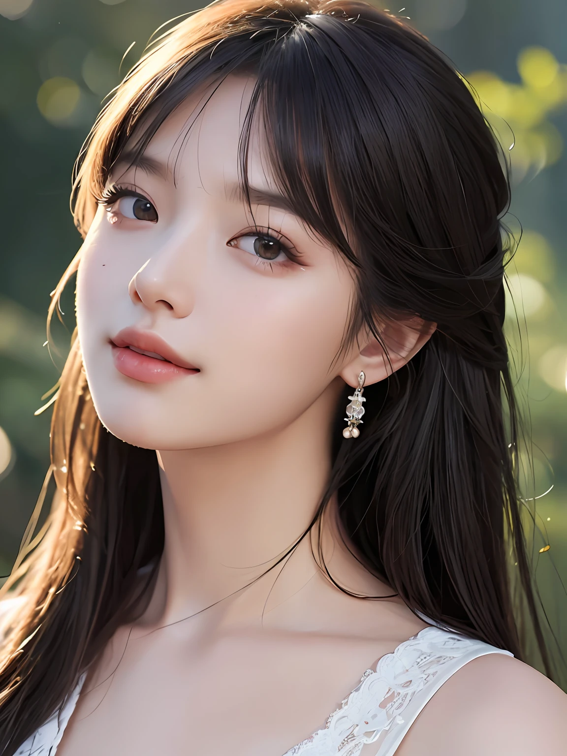Masterpiece, best picture quality, high quality, beautiful woman, Japanese, popular Korean makeup, detailed, swollen eyes, detailed eyes, detailed skin, beautiful skin, ultra high resolution, (reality: 1.4),very beautiful, slightly younger face, beautiful skin, slender, (ultra realistic), (illustration), (high resolution), (8K), (very detailed) (best illustration), (beautifully detailed eyes), (super detailed), (wallpaper), (detailed face), looking at viewer, fine details, detailed face, pureerosfaceace_v1, smiling, looking straight ahead, looking straight ahead, angle from waist up, realistic photo, bright lighting, professional lighting, black hair (some of hair part green), long hair, dark ruins, big red moon, gorgeous red and black dress, mature woman, long stylish bangs,