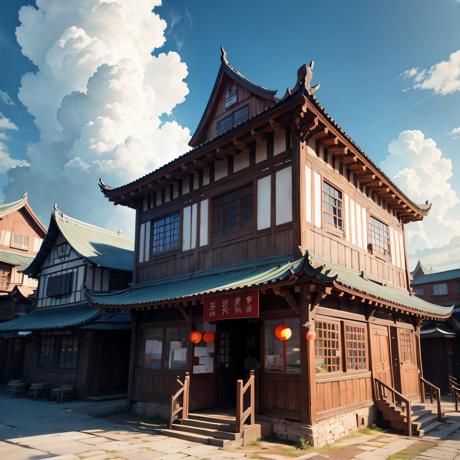 Ancient wind，Quaint，Chinese，Restaurant hostel，The exterior of the entire building，wood，multi-layer，big buildings，with blue sky and white clouds