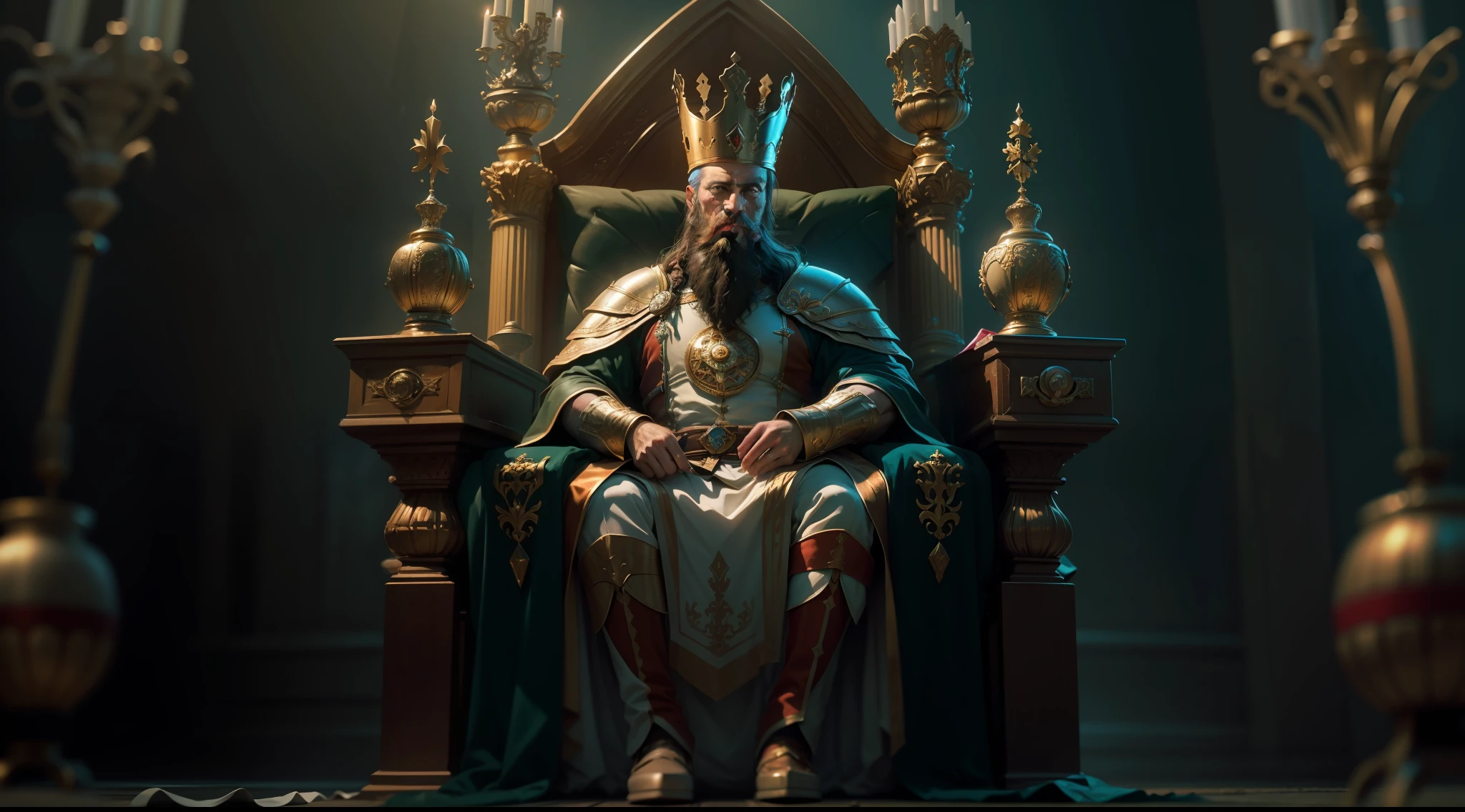 best quality, 500px, cgsociety, 8k, raw photo of (beautiful: 1.2) human king, dress king's crown, king's armor, 40yo, beard, in castle, full body, ambient light, backlight, volumetric lighting, realistic, realistic lighting, cinematic lighting, depth of field, sharp focus, (high contrast: 1.2), (film grain), side