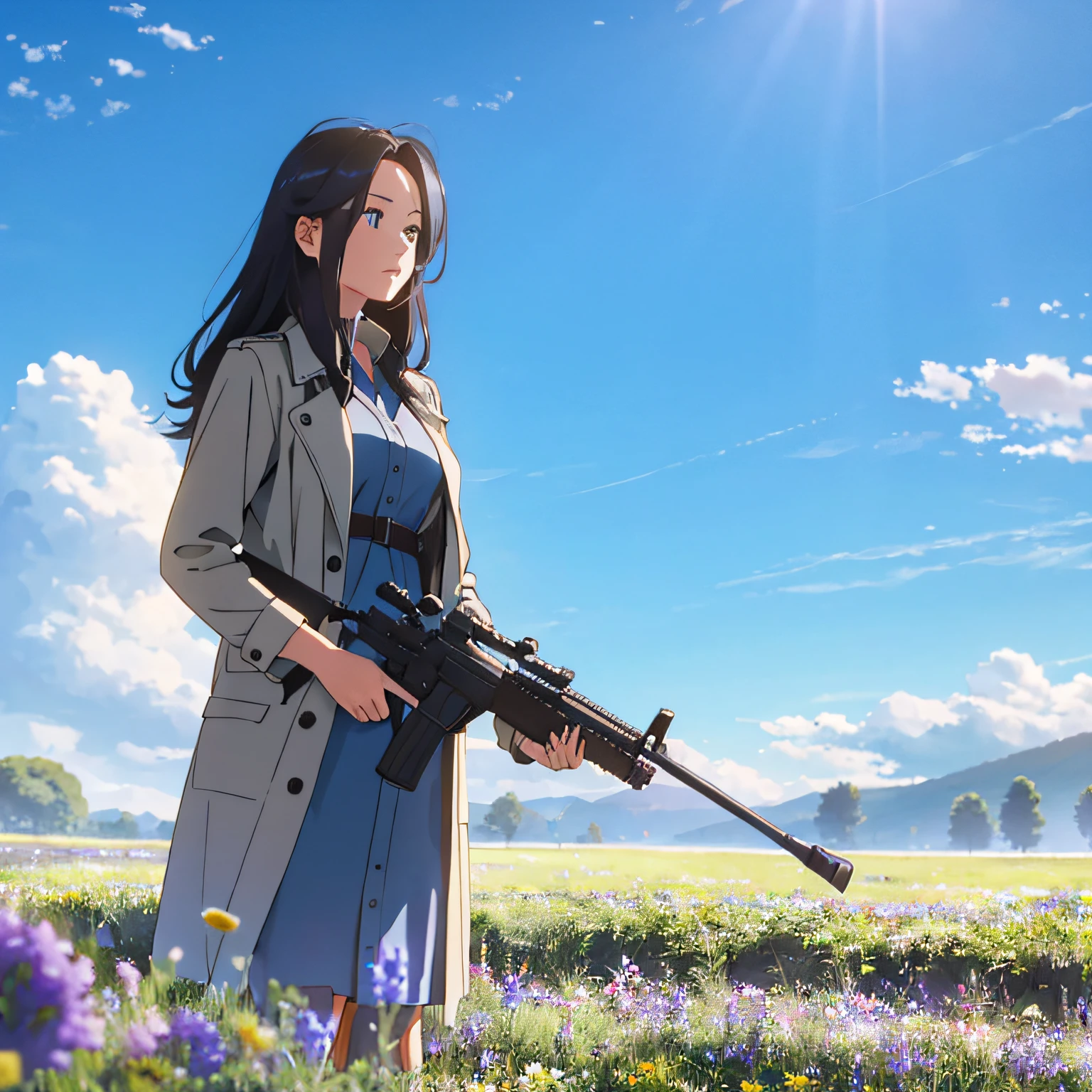 A girl in a clearing holding a sniper rifle Long hair Breeze wearing a blue trench coat Meadows Flowers Blue sky Several white clouds --auto