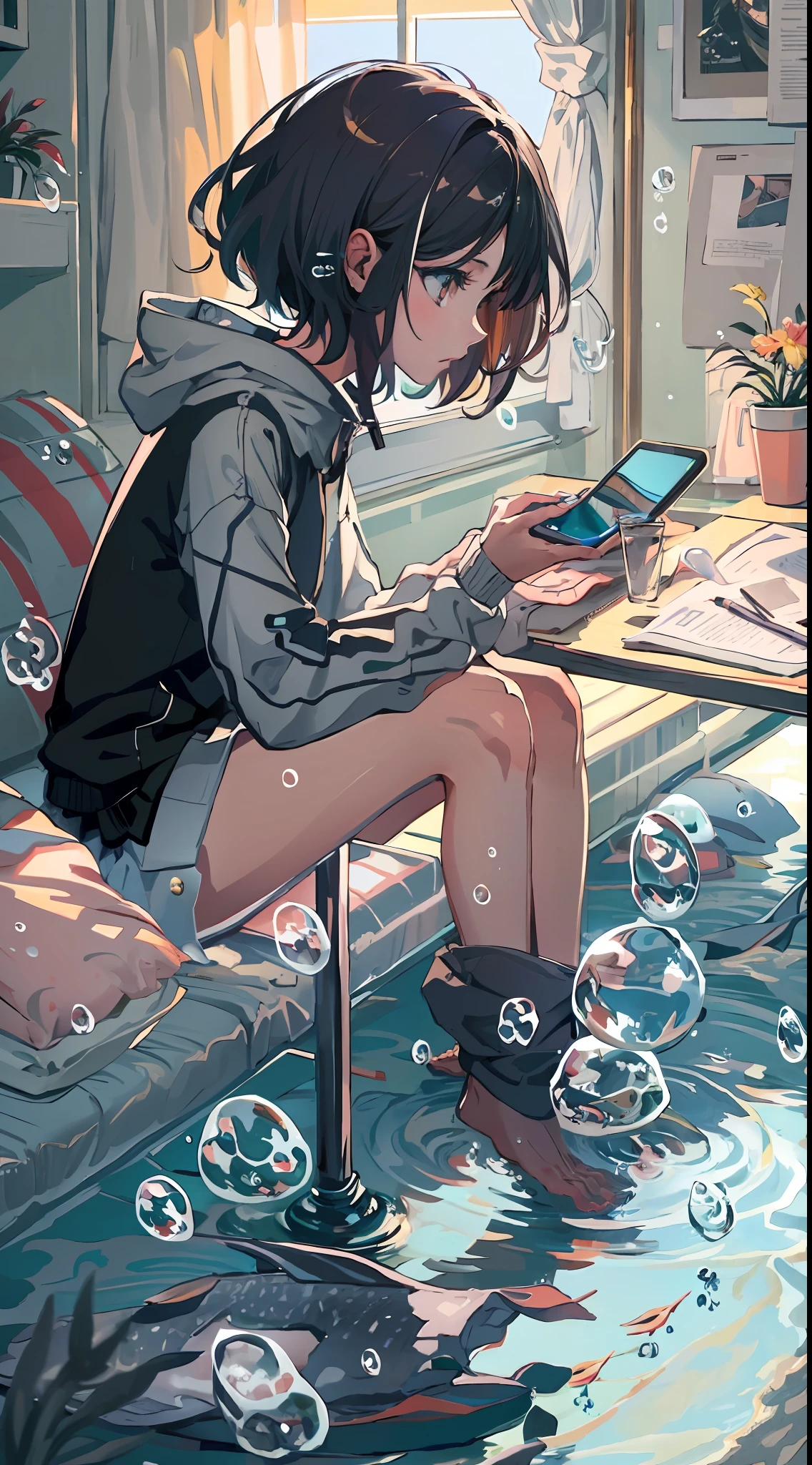 linear art,
1girl in, Solo, Short hair, Black hair, Long sleeves, Sitting, Barefoot, Indoors, hoods, Bare legs, phone, The table, knees up, desk work, Fish, Bubble, under the water, Air bubble,