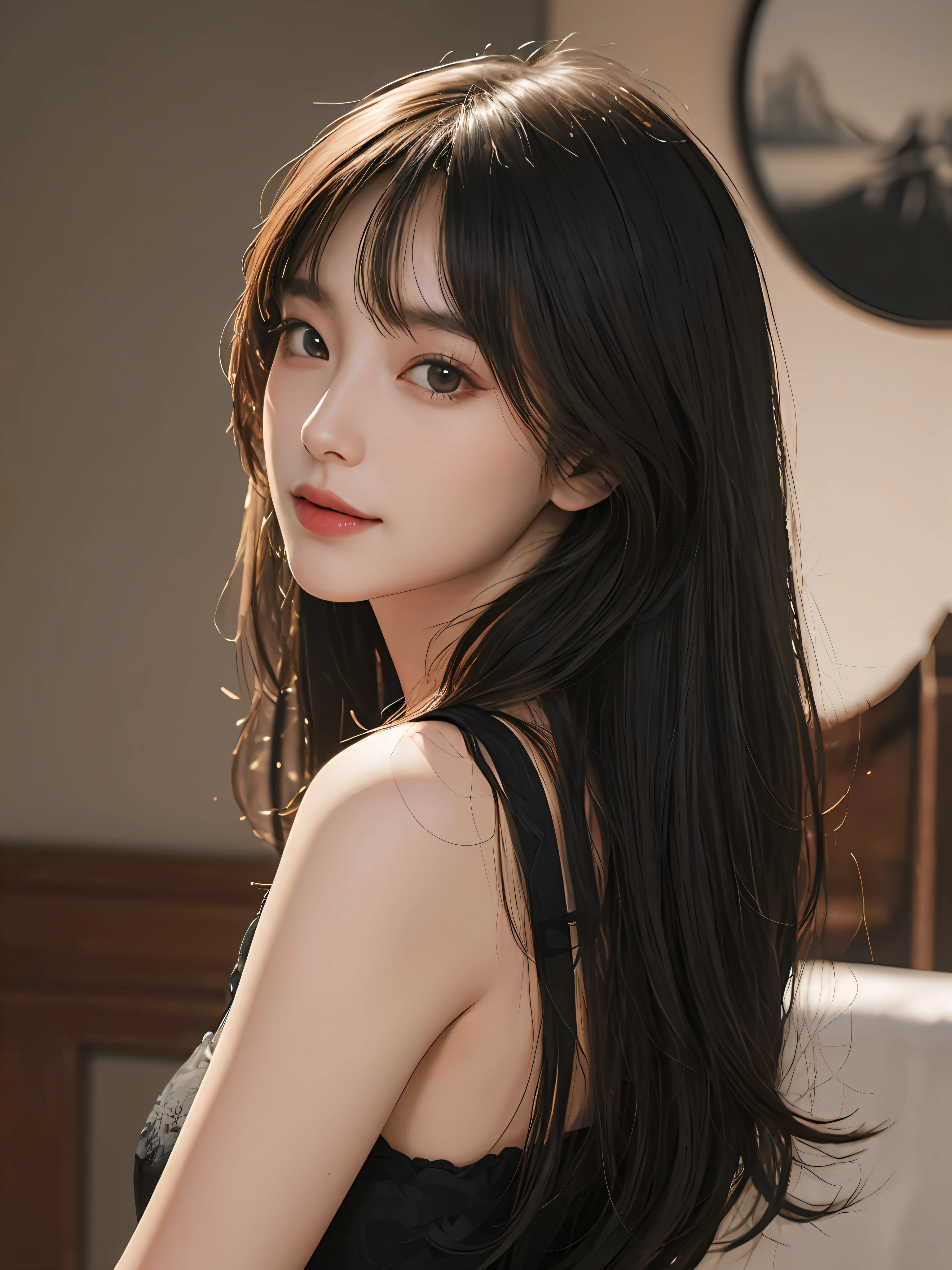 Masterpiece, best picture quality, high quality, beautiful woman, Japanese, popular Korean makeup, detailed, swollen eyes, detailed eyes, detailed skin, beautiful skin, ultra high resolution, (reality: 1.4),very beautiful, slightly younger face, beautiful skin, slender, (ultra realistic), (illustration), (high resolution), (8K), (very detailed) (best illustration), (beautifully detailed eyes), (super detailed), (wallpaper), (detailed face), looking at viewer, fine details, detailed face, pureerosfaceace_v1, smiling, looking straight ahead, looking straight ahead, angle from waist up, realistic photo, bright lighting, professional lighting, black hair (some of hair part green), long hair, dark ruins, big red moon, gorgeous red and black dress,  woman, long stylish bangs,