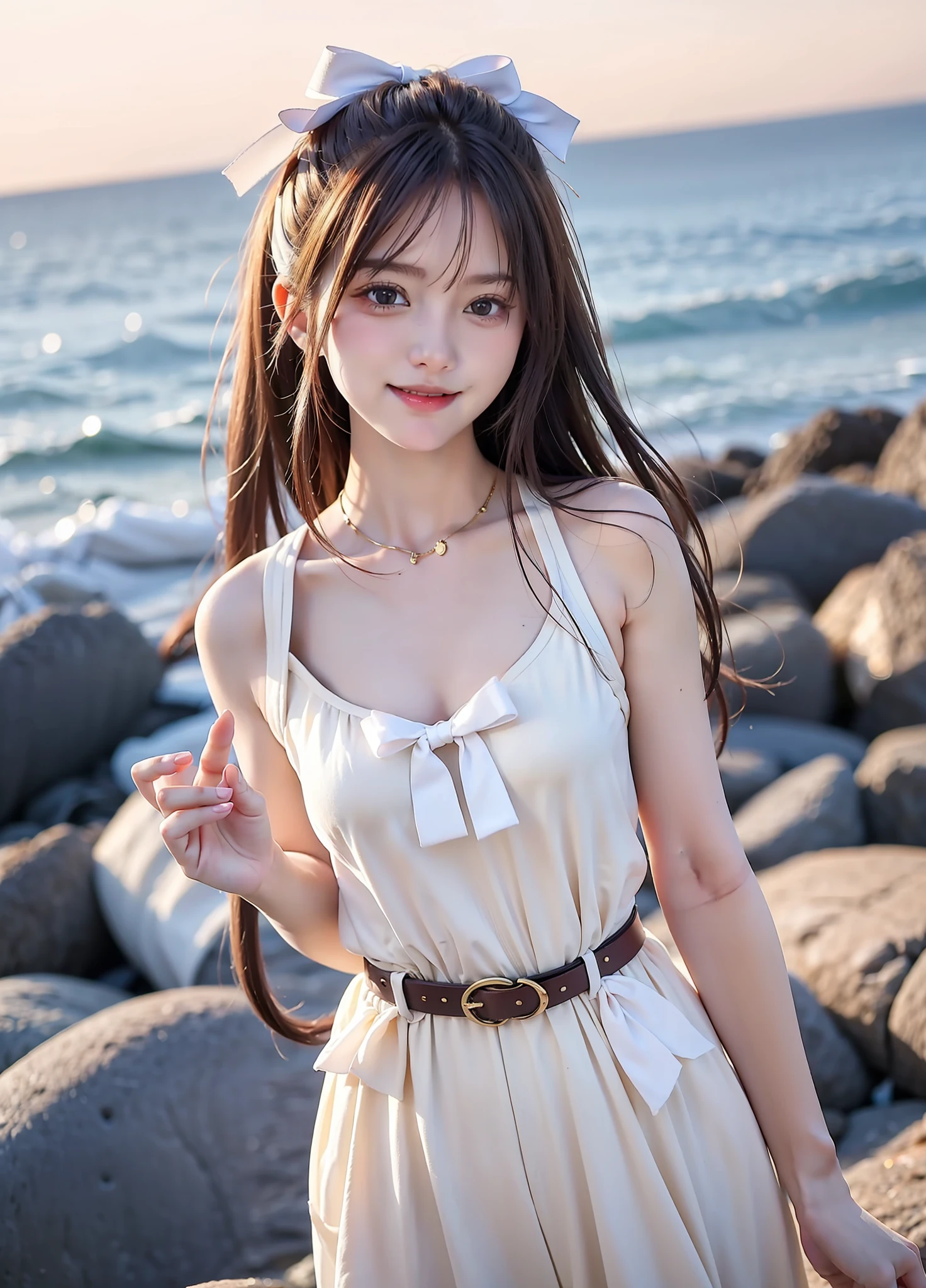Coastal beauty, 1girl, (bright eyes, sun-kissed skin, carefree expression), beach background, lighthouse, soft sea breeze, playful pose, dynamic composition, golden hour lighting, blurred background, rich colors, fine details, surreal, 50mm lens, relaxing atmosphere. Portrait photography, 35mm film, natural blur, (upper body white chest wrap, white bow belt), underage girl, good fingers, smile, full body, slender legs