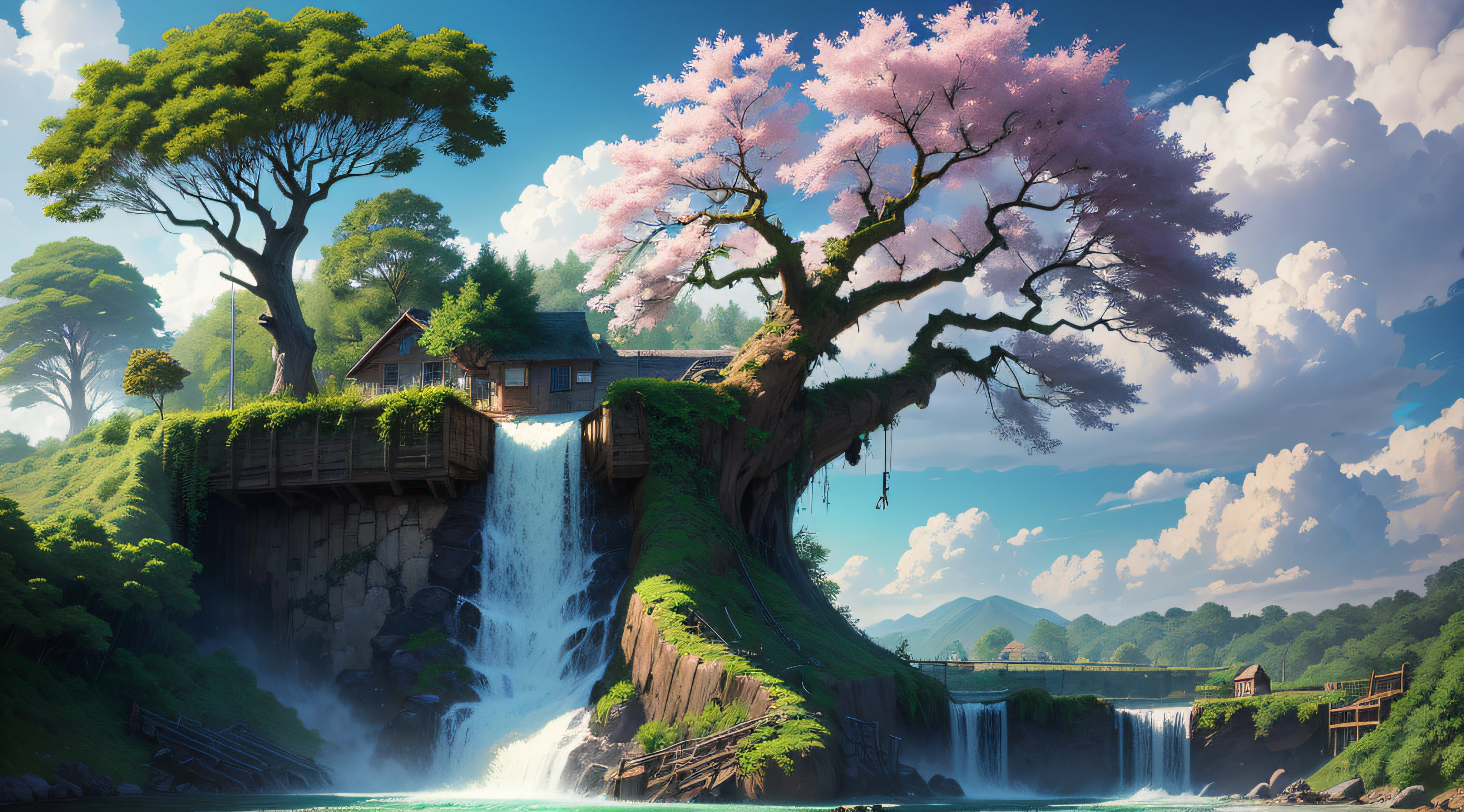 Gigantic colorful trees with many vines, palmeiras, coqueiro, fallen logs, a watermill with a waterwheel, moinho de vento, numa cachoeira exuberante, rio com grandes rochas hiper realista, sky with clouds, sol, lua, global ilumination, profundidade de campo,