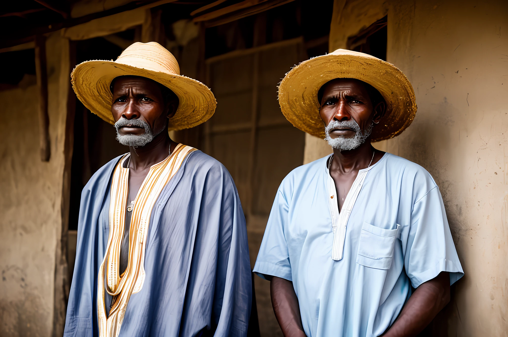 A portrait of a poor working man from the Africa region, wearing old white cotton clothes, rugas da idade, wearing straw hat, arte conceitual, altamente detalhado. cinematic picture