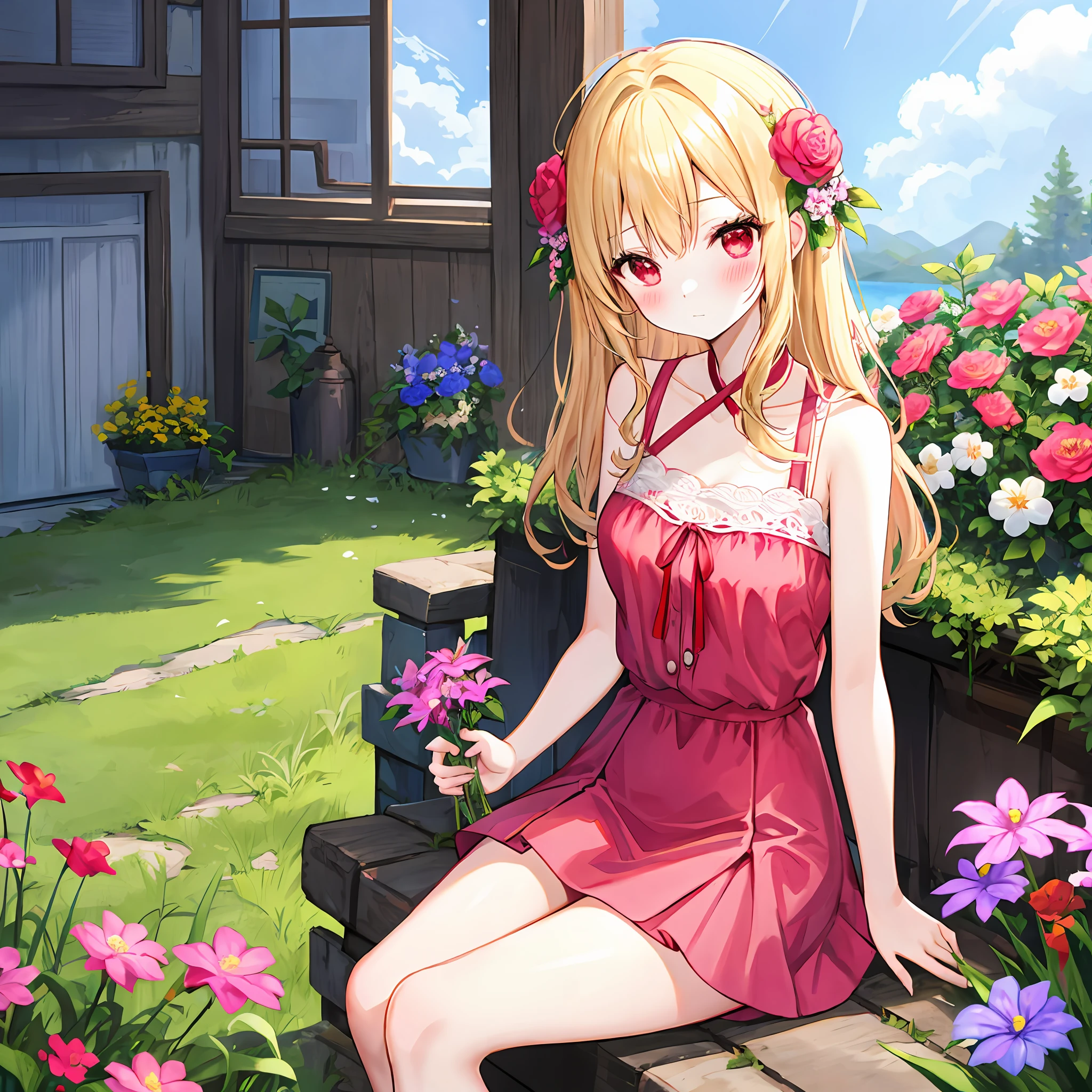 red blush、blonde hair、red eyes、Beautiful girl alone、animesque、独奏、Pink dress、a miniskirt、flower field、lonely、sitting on、A sexy
