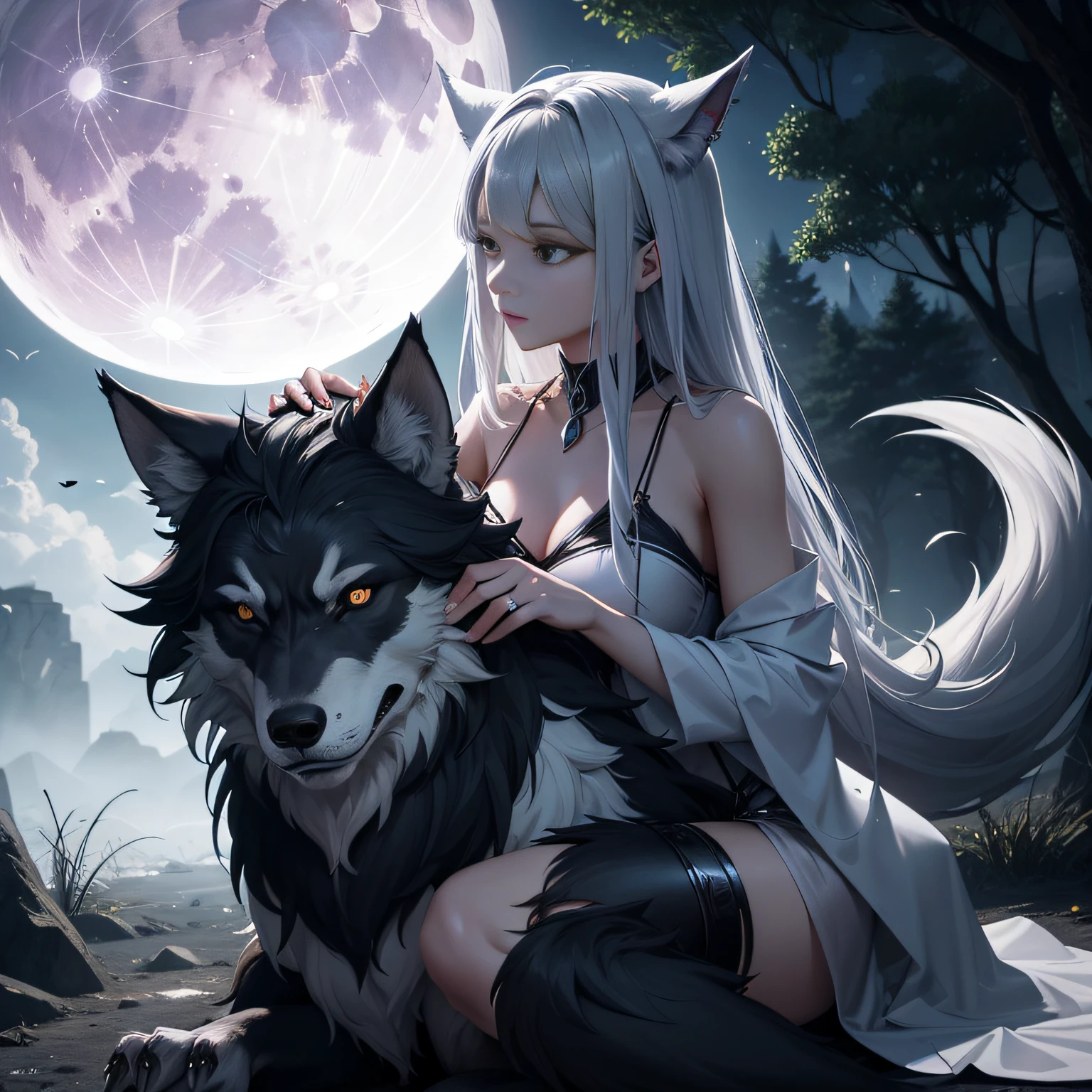 Werewolf（Werewolf）ha、Imaginary creatures that appear in folklore and folklore around the world、It has the characteristics of both humans and wolves.。Below is、It is a representation of the image of a general werewolf with several keywords.：

Human-wolf transformation abilities: Werewolves are supposed to transform from humans to wolves on full moon nights。This transformation is temporary and、At other times of the day it reverts to its normal human form。

Wild beings: Because werewolves have wolf instincts、After transforming, you will become a wild and ferocious being.。It is often depicted that human control becomes ineffective。

Non-controllable makeover: Werewolf Transformation、It is common to happen due to the influence of the full moon or a curse。Difficult to control the transformation、It is said that when you become a werewolf, your self-control will not work.。

Silver weakness: Werewolves are said to be vulnerable by silver weapons。Legend has it that they are killed by silver bullets and blades.。

Conflict with humans: Werewolves can have conflicts with human conscience after transforming。It is depicted oscillating between the wolf's instinct and the human conscience。

Werewolf lore has existed all over the world since ancient times.、European folklore is especially famous.。The Werewolf Story、Human wildness and conflict、And by exploring themes such as uncontrollable desires,、It has fantastic elements that include fear and romance。personification　femele　a beauty girl　Mystical　Fictional creatures　chimera