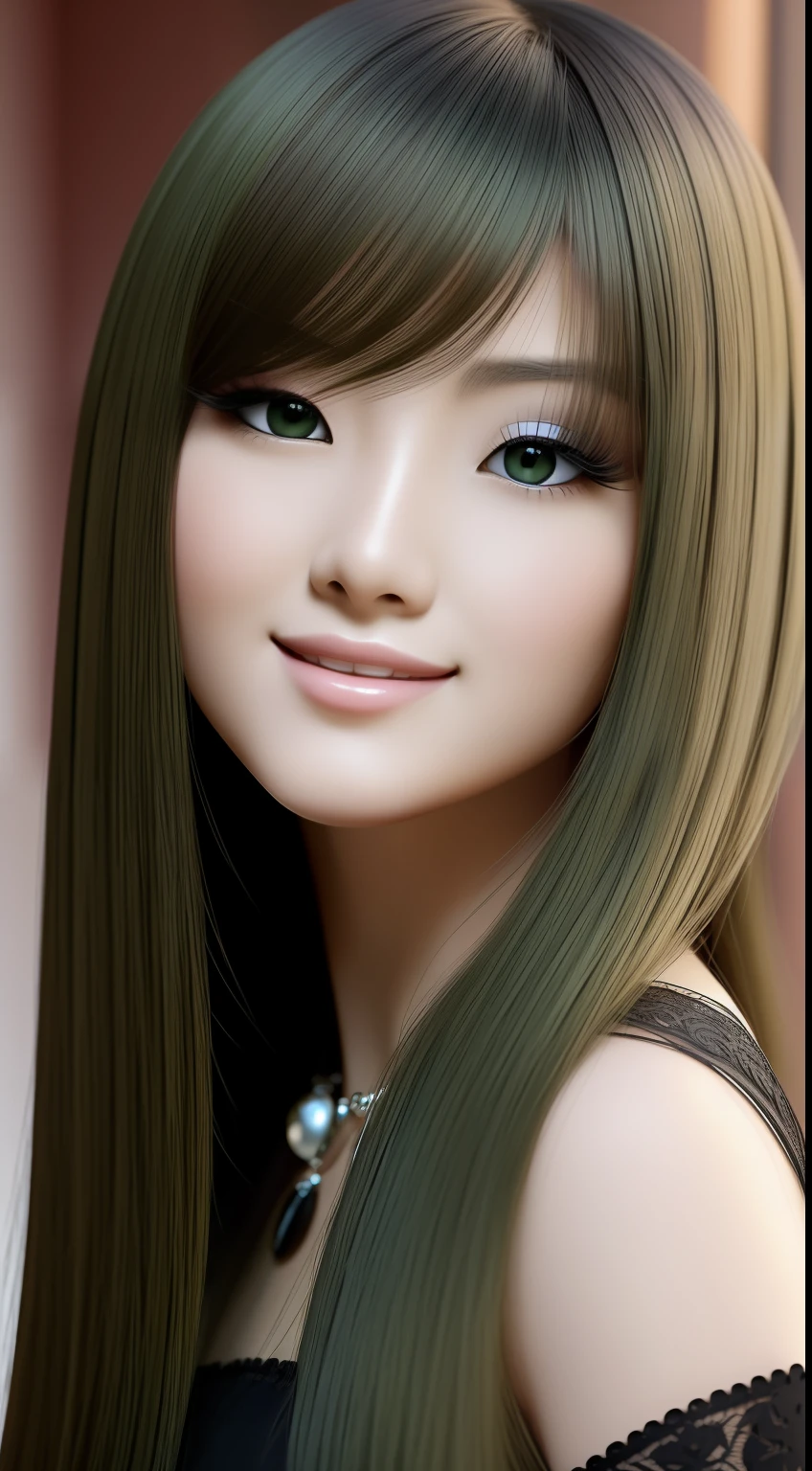 Masterpiece, best image quality, high quality, beautiful woman full body, Japan, popular Korean makeup, detail, swollen eyes, detailed eyes, detailed skin, beautiful skin, ultra high definition, (actual: 1.4), very beautiful, slightly younger face, beautiful skin, slim, (surreal), (illustration), (high detail resolution), (very detailed), (very detailed), (mini) background), (detailed face), looking at viewer, fine detail, detailed face, pureerosfaceace_v1 , smiling, looking straight ahead, looking straight ahead, angle from waist up, realistic photo, bright light, professional lighting, black hair (some parts of hair green), long hair, dark ruins, big red moon, gorgeous stylish red and black woman dress --auto