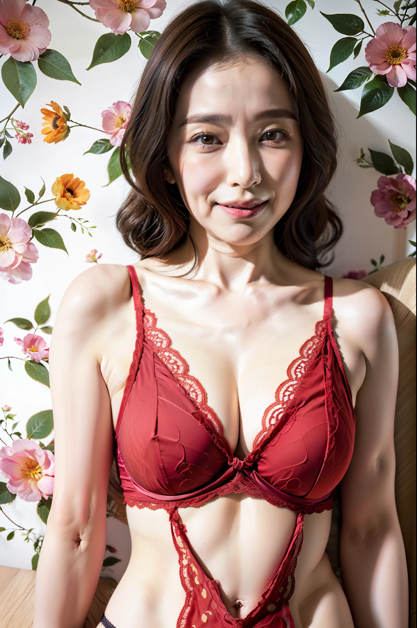 ((top-quality、8K分辨率、Master masterpiece、Portrait:1.3)), Photorealsitic, 35㎜ film, 1 Japan Woman, Beautie, Wavy Hair, Wrinkles at the corners of the eyes, Plump body, ((bra very、panties on :1.5)) , top-quality, masterpiece, hight resolution, Original, highly detailed wallpaper, Viewer's Perspective, Solo, portlate, (Perfect litthing), 70yo, Mature Woman Body Set, Exposing breasts, showing teeth, Staring at this, Floral background, undergarment, (Mature), Natural wrinkles, Ultra-realistic, Natural Skin, Natural hair color, {{A MILF}}, {{Pubic hair sticking out of small panties}}, {{Pubic hair showing through lace thin panties}}, bristle, Pubic hair is visible