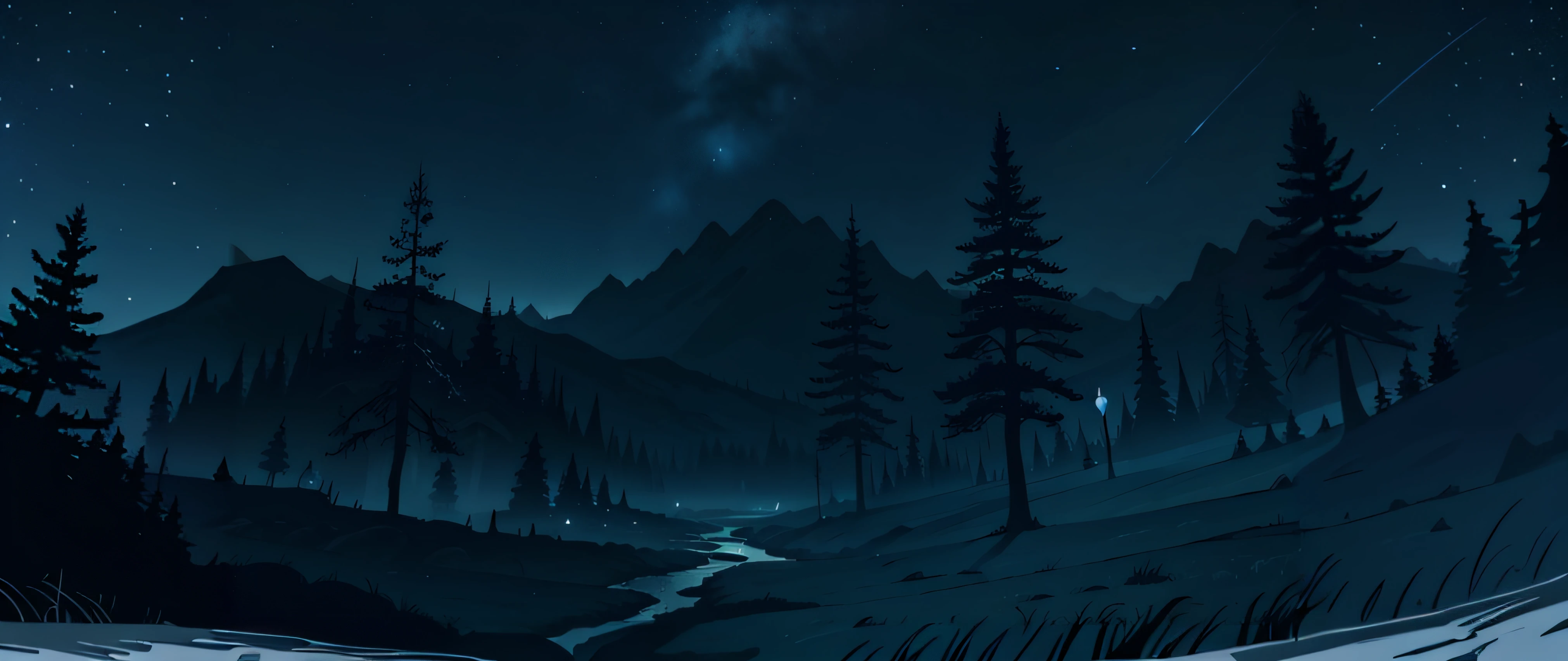Night scene of a mountain stream in a forest with a starry sky, 4K HD papel de parede ilustrativo, paisagem natural noturna, arte de fundo, noite calma. digital illustation, Pintura digital fosca 4K HD, 4 k hd wallpaper illustration, Papel de parede de arte conceitual 4K, Arte digital detalhada em 4k, Arte Digital Widescreen 8K, 8k hd papel de parede arte digital