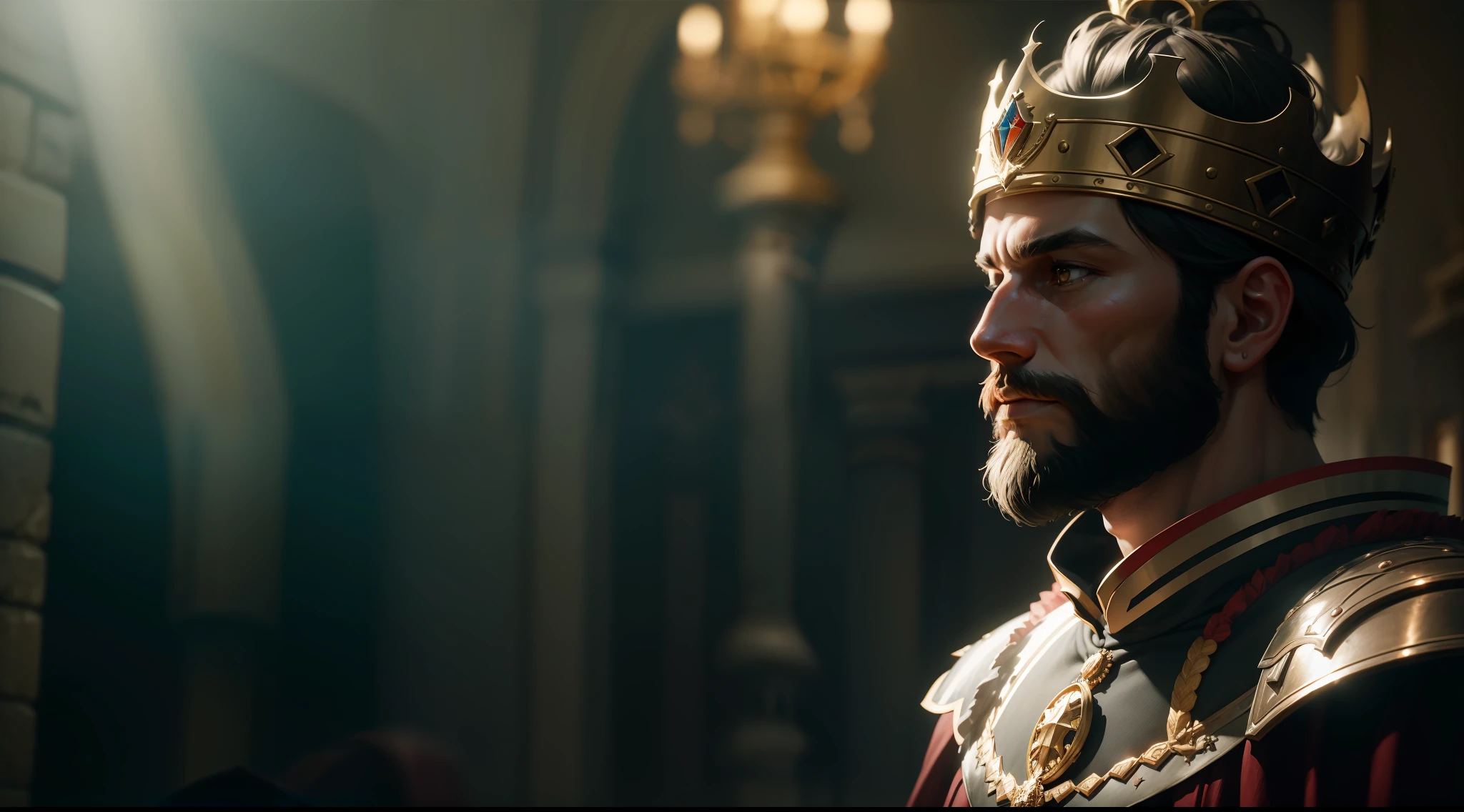 best quality, 500px, cgsociety, 8k, raw photo of (beautiful: 1.2) human king, dress king's crown, king's armor, 40yo, beard, in castle, full body, ambient light, backlight, volumetric lighting, realistic, realistic lighting, cinematic lighting, depth of field, sharp focus, (high contrast: 1.2), (film grain), side