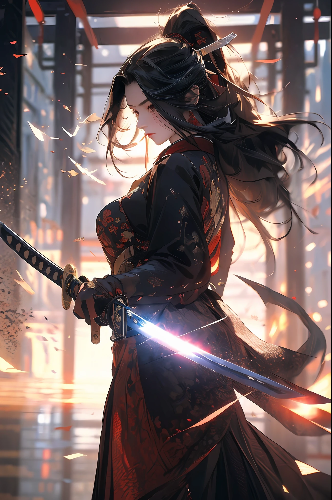(Fidelity: 1.4), Best Quality, Masterpiece, Ultra High Resolution, Poster, 8K, Fantasy Art, Dynamic Lighting, Art Station, Poster, Volume Lighting, Very Detailed Faces, 4k Wallpaper, Award-Winner, A Girl with a Sword, Red Headband, Long Black Hair, Long Flowing Hair, Katana, Holding a Great Sword, Demon Samurai, Black Clothes, Red Belt, Red Sword Qi, Dynamic Perspective, Dramatic Composition, (Ultra: 1.4), Ancient Chinese Architecture Background, A Round of Red Moon, Movie Lighting