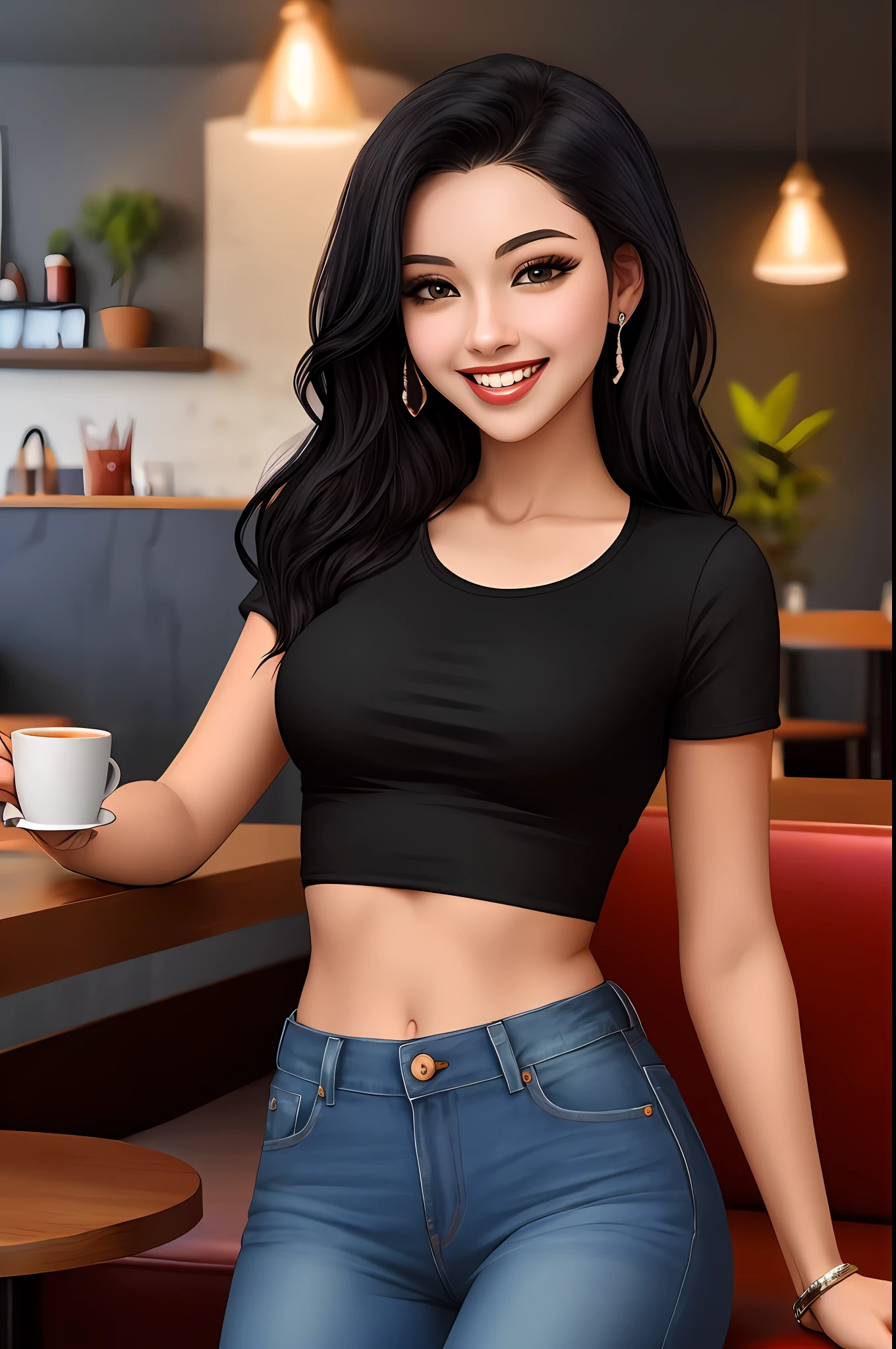 An attractive woman with diamond black eyes, oval face with smiling shining teeth, sparkling black hair, gorgeous body, small breast, wearing a green top, strong abdomen, blue jeans, anatomically perfect, in a café, HD picture, 8k, artwork, perfect illustration