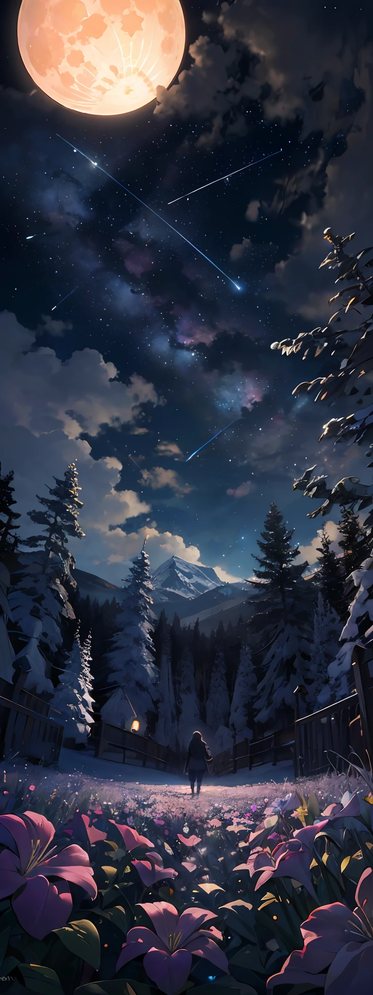 Expansive landscape photograph, (view from below with a view of the sky and the wilderness below), little girl standing in a flower field looking up, (full moon: 1.2), (shooting star: 0.9), (nebula: 1.3), distant mountain, tree break production art, (warm light source: 1.2), (firefly: 1.2), lamp, purple and orange, intricate detail, volume lighting BREAK (masterpiece: 1.2), (highest quality ), 4k, ultra-detailed, (dynamic configuration: 1.4), highly detailed and colorful details (iridescent: 1.2), (sparkling lighting, atmospheric lighting), dreamy, magical, (solo: 1.2)