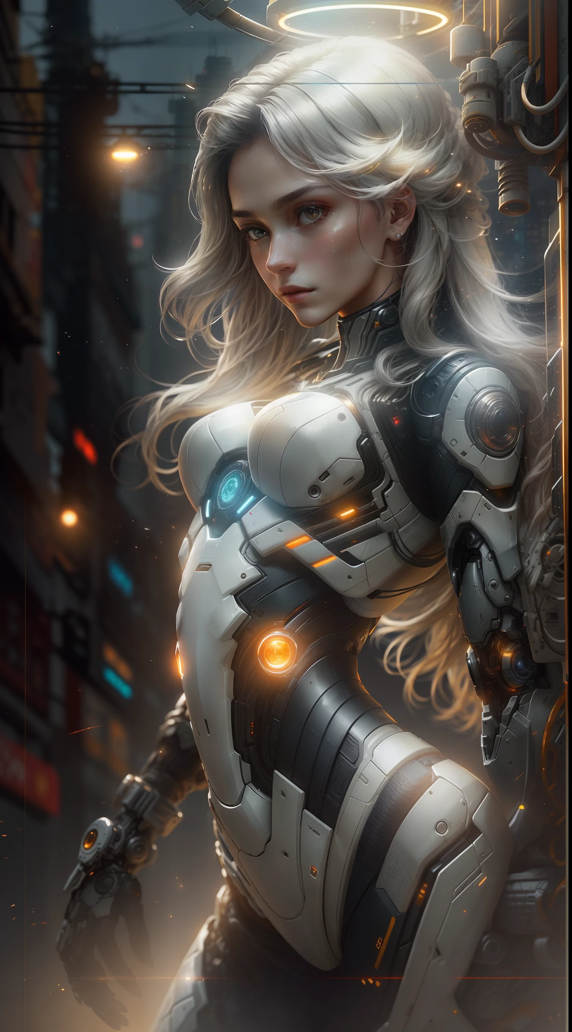 ((obra-prima)), (((melhor qualidade))), ((Ultra Detalhado)), (Awesome: 1.1), ((papel de parede extremamente detalhado da unidade CG 8k)), (8k, Foto RAW, melhor qualidade, obra-prima: 1.2), (realista, Foto realista: 1.4), (fotorrealismo: 1.4), (renderizado: 1.4), ultra realismo, High-resolution, NVIDIA RTX Ray Tracing, imagem de corpo inteiro, ciborgue feminino, ((mechanical body)), corpo perfeito, quadris largos, defined abdomen, thick legs with defined muscles, seios grandes empinados, pose sexy, mayors proportions, rosto humano, long loose silver hair on display, organic and synthetic parts, white synthetic parts, white plastic, metal cromado, noite ao fundo, city put apocalyptic, Future Diatopic, cyberpunk, modernos postes de luz, buildings with neon signs, noite escura, starly sky, lua cheia, estrelas cadentes, diffuse lighting, fantasia, intrincado, elegante, altamente detalhado, realista, fotorrealista, pintura digital, artstation, illustration, arte conceitual, smooth and sharp focus, arte de John Collier e Albert Aublet e Krenz Cushart e Artem Demura, circunstanciado, intrincado, Foto premiada, BLN-L24, exposure, Alto contraste, 8k 3D, cinematic lighthing.
