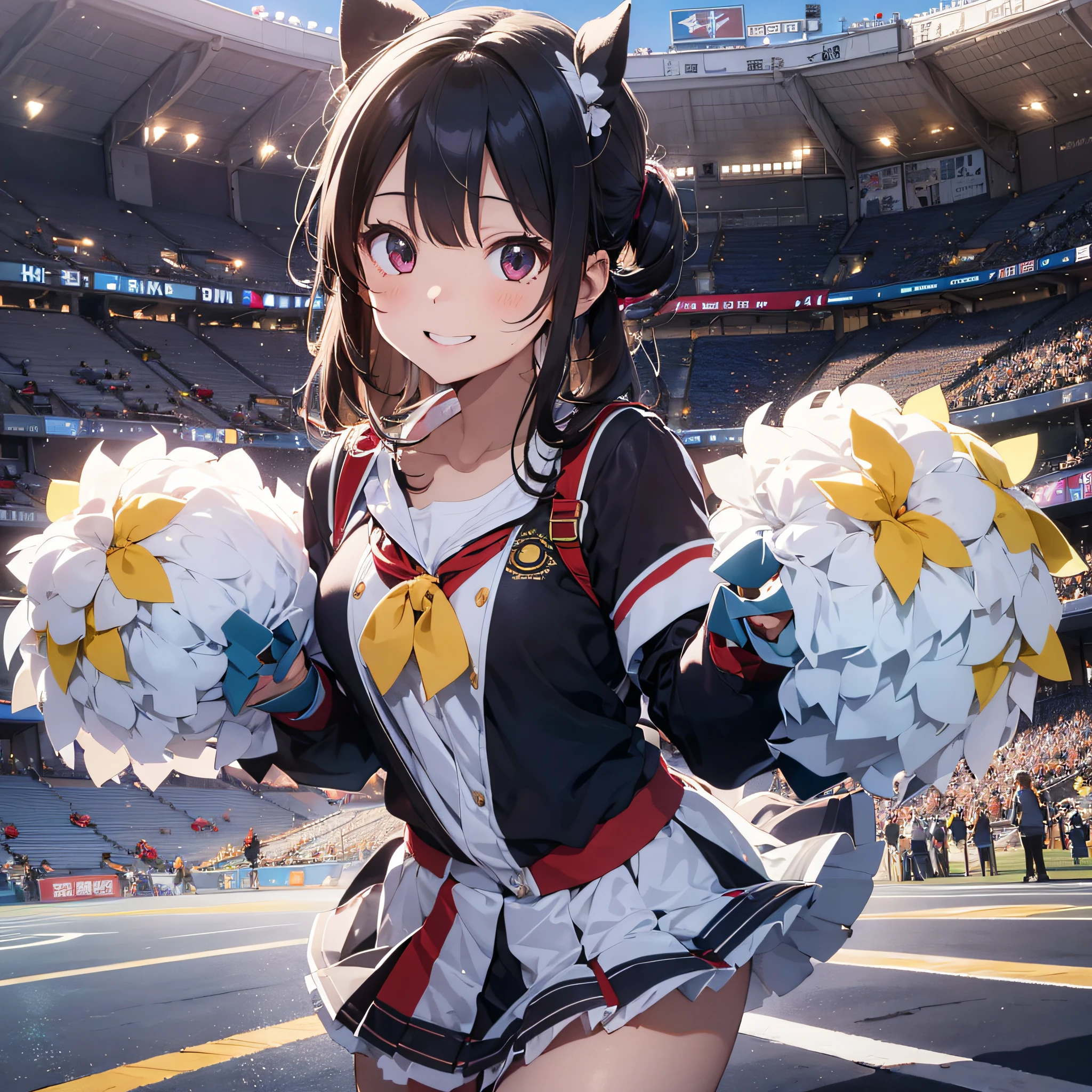 Ala Fed Asian cheerleader posing dynamically with large pom-poms in both hands in stadium、a closeup、cosplay foto、Anime Cosplay、tiny chest、Raw photography, top-quality, hight resolution, (masterpiece), (Photorealsitic:1.4), professional photograpy, foco nítido, nffsw, 8K分辨率, intricate detailes, depth of fields, the Extremely Detailed CG Unity 8K Wallpapers, front lit, girl with, beautiful supermodel, A smile、A slender、Twin tail hair、Korean style uniform、Peeking from below、(skinny thigh)、White underwear is visible、Wearing a sun visor on the head