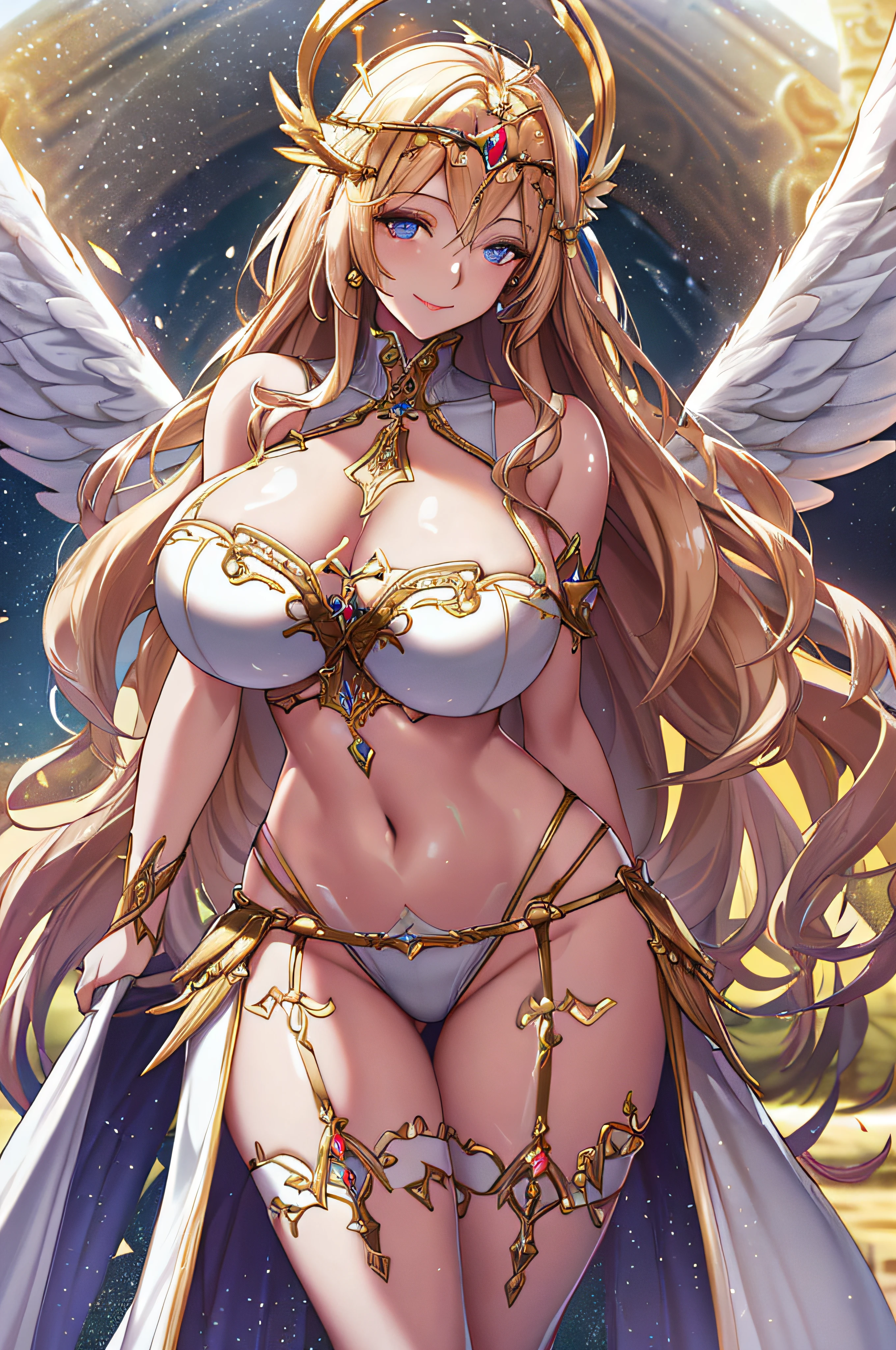 priestess,valkyrie,angel wings,navel,sideboob,complex,light particles,thighs,shiny skin, perfect lighting, 1girl, looking at viewer,winged headgear,pelvic curtain, smile,(masterpiece), (best quality), extremely huge breasts, motherly, porcelain skin, honey blonde hair, very long hair, wavy hair