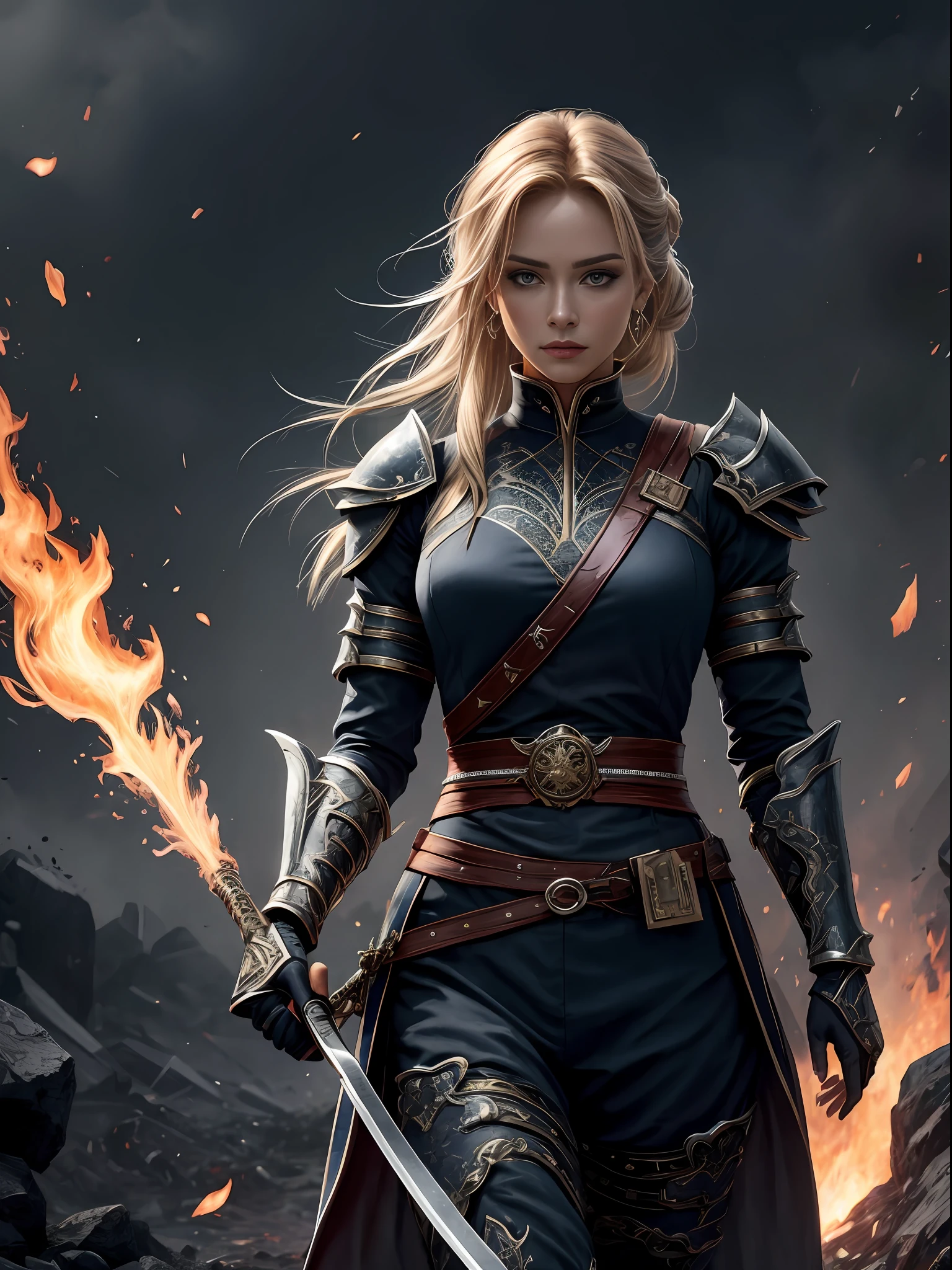 (8k, Foto RAW, melhor qualidade, obra-prima: 1.2), Ultra Detalhado, Arte Oficial, realista: 1.37, parte superior do corpo tiro, pele clara, tsunade, serious face, mulher, jovial, pele suave, brava,Corpo tonificado, Evil, peitos enormes, peito grande marcando a armadura, peitos da tsunade, cabelo loiro, cabelos loiros longos, cabelo cheio, Hair up to the waist, up to the waist, ninja, Uniforme detalhado, armadura detalhada, na guerra, Muito fogo no set, lesma gigante, action pose. studio illumination