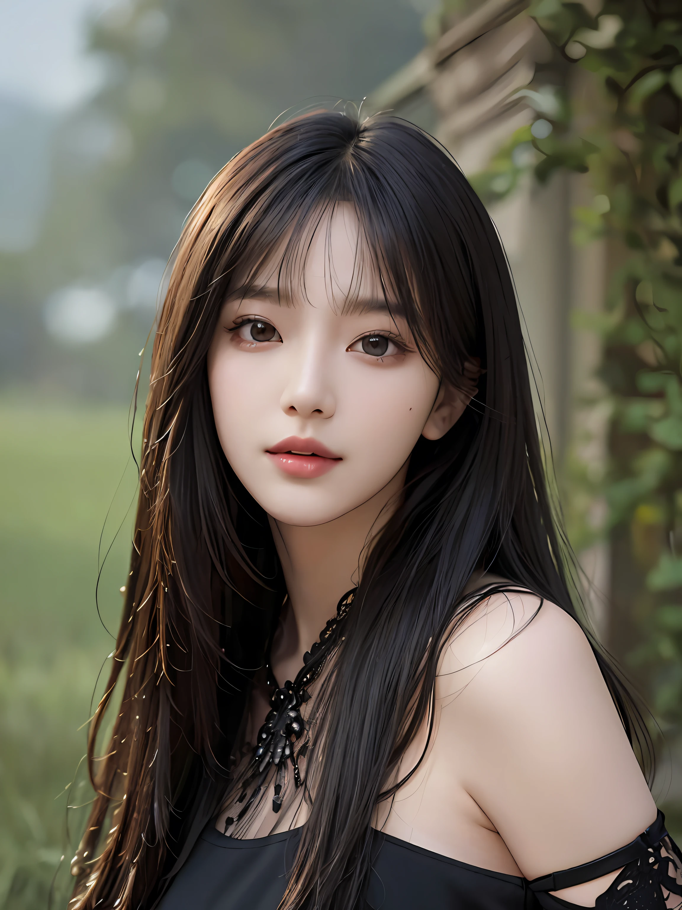 Masterpiece, best picture quality, high quality, beautiful woman, Japanese, popular Korean makeup, detailed, swollen eyes, detailed eyes, detailed skin, beautiful skin, ultra high resolution, (reality: 1.4),very beautiful, slightly younger face, beautiful skin, slender, (ultra realistic), (illustration), (high resolution), (8K), (very detailed) (best illustration), (beautifully detailed eyes), (super detailed), (wallpaper), (detailed face), looking at viewer, fine details, detailed face, pureerosfaceace_v1, smiling, looking straight ahead, looking straight ahead, angle from waist up, realistic photo, bright lighting, professional lighting, black hair (some of hair part green), long hair, dark ruins, big red moon, gorgeous red and black dress, mature woman, long stylish bangs,