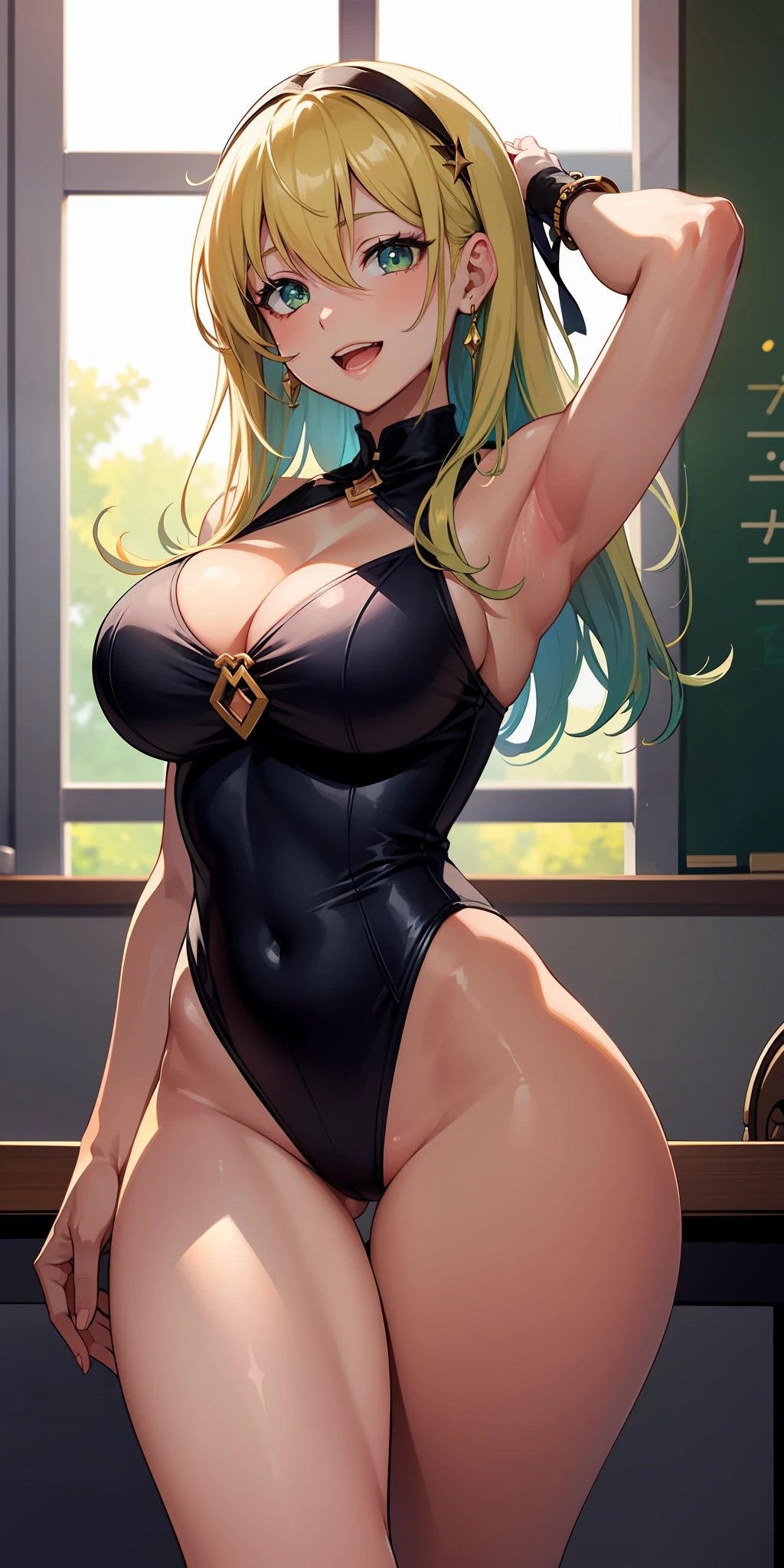((best quality)), ((master piece)), (Circumstantial), anime style, 1girl best quality, portrait, ultra detailed, gorgeous face, perfect anatomy, tan skin, black, giant hair, perfect hair, bangs, (hair between the eyes), (hair accessories), perfect light green eyes, eye details, happy expression, lips, open mouth, smiling, ((teacher)), sexy angel outfit, arms, Hands, five fingers in hand, (thick legs), ( big thigh), perfect thighs, possession, white background, looking at viewer