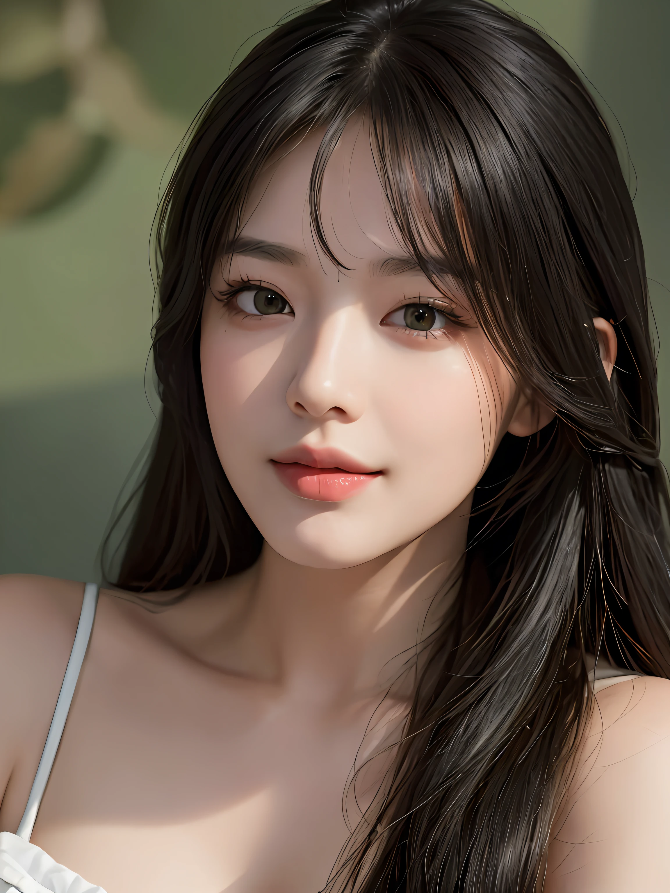 Masterpiece, best picture quality, high quality, beautiful woman, Japanese, popular Korean makeup, detailed, swollen eyes, detailed eyes, detailed skin, beautiful skin, ultra high resolution, (reality: 1.4),very beautiful, slightly younger face, beautiful skin, slender, (ultra realistic), (illustration), (high resolution), (8K), (very detailed) (best illustration), (beautifully detailed eyes), (super detailed), (wallpaper), (detailed face), looking at viewer, fine details, detailed face, pureerosfaceace_v1, smiling, looking straight ahead, looking straight ahead, angle from waist up, realistic photo, bright lighting, professional lighting, black hair (some of hair part green), long hair, dark ruins, big red moon, gorgeous red and black dress, mature woman, long stylish bangs,
