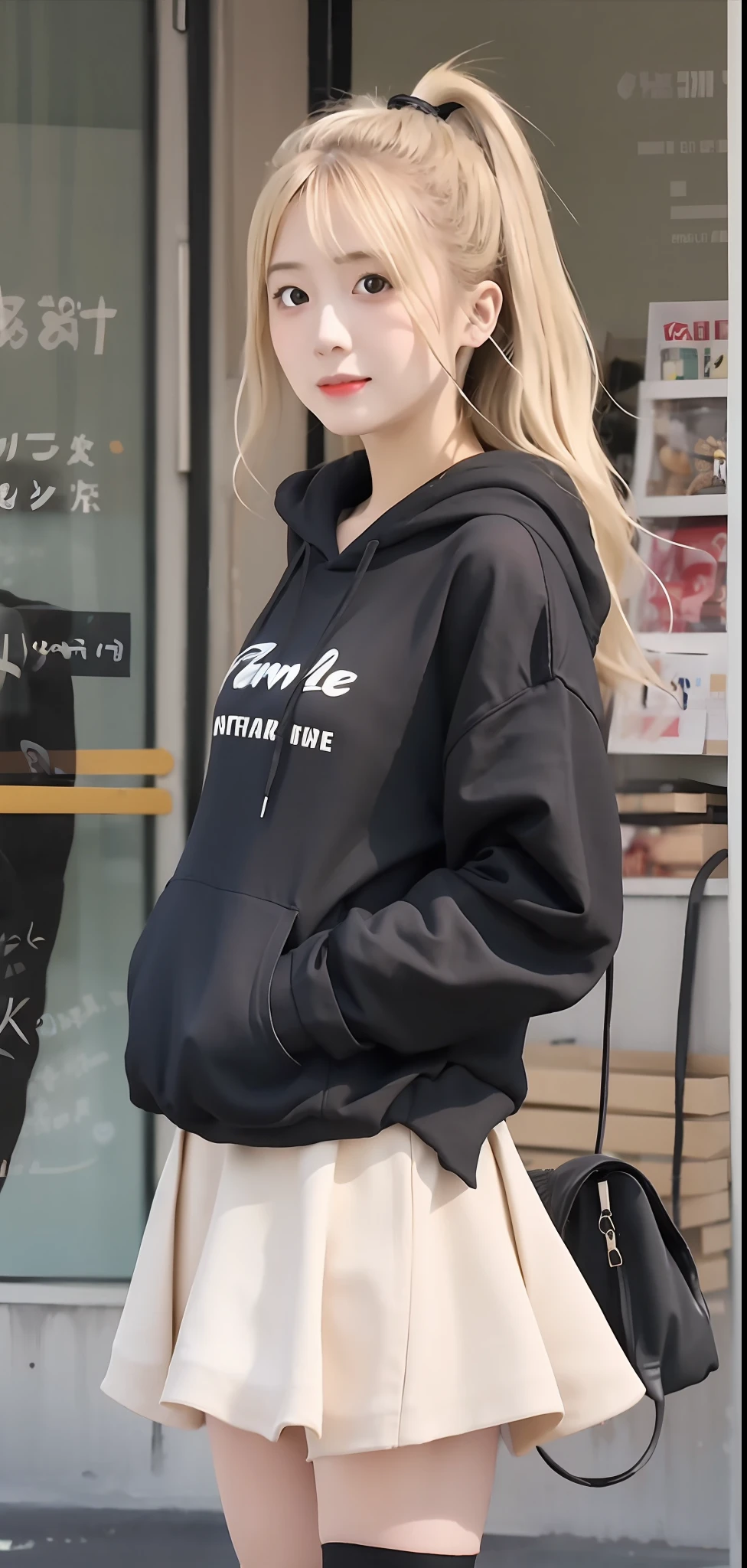 a girl in a black hoodie with a white skirt and a white skirt, anime vibes, in a black hoodie, blonde anime girl with long hair, style anime, anime asthetic, in a hoodie, girls frontline style, anime style, anime style only, very anime style, ecchi style, ( ( misa amane # ) ), in an anime style